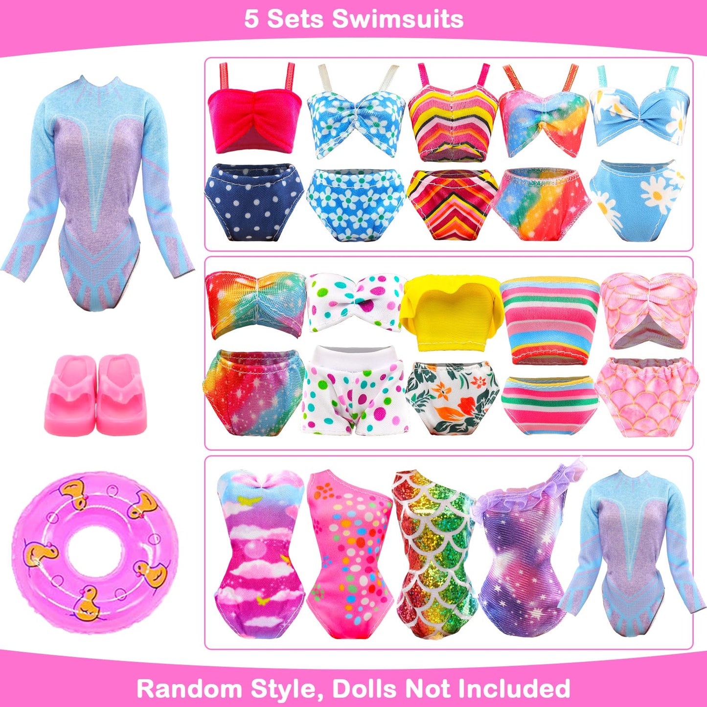 ENOCHT Lot 26 Beach Doll Clothes & Accessories Set for 11.5-Inch Dolls – 5 Swimsuits, Bathrobe, 2 Rings & 18 Pieces