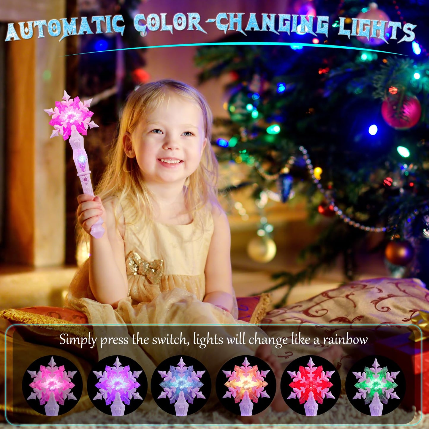 EnrichFun Light Up Frozen Snowflake Wand Set – 4-Piece Motion & Sound Princess Toys