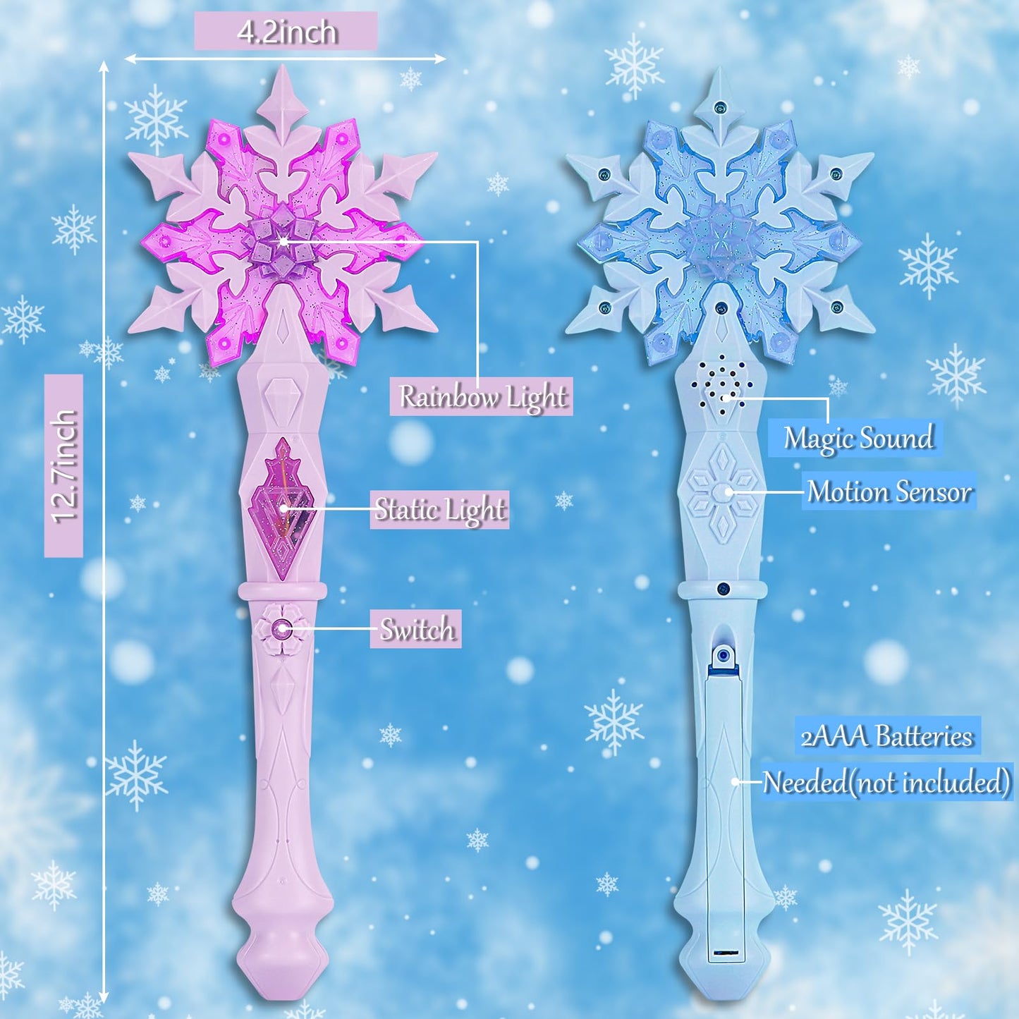EnrichFun Light Up Frozen Snowflake Wand Set – 4-Piece Motion & Sound Princess Toys