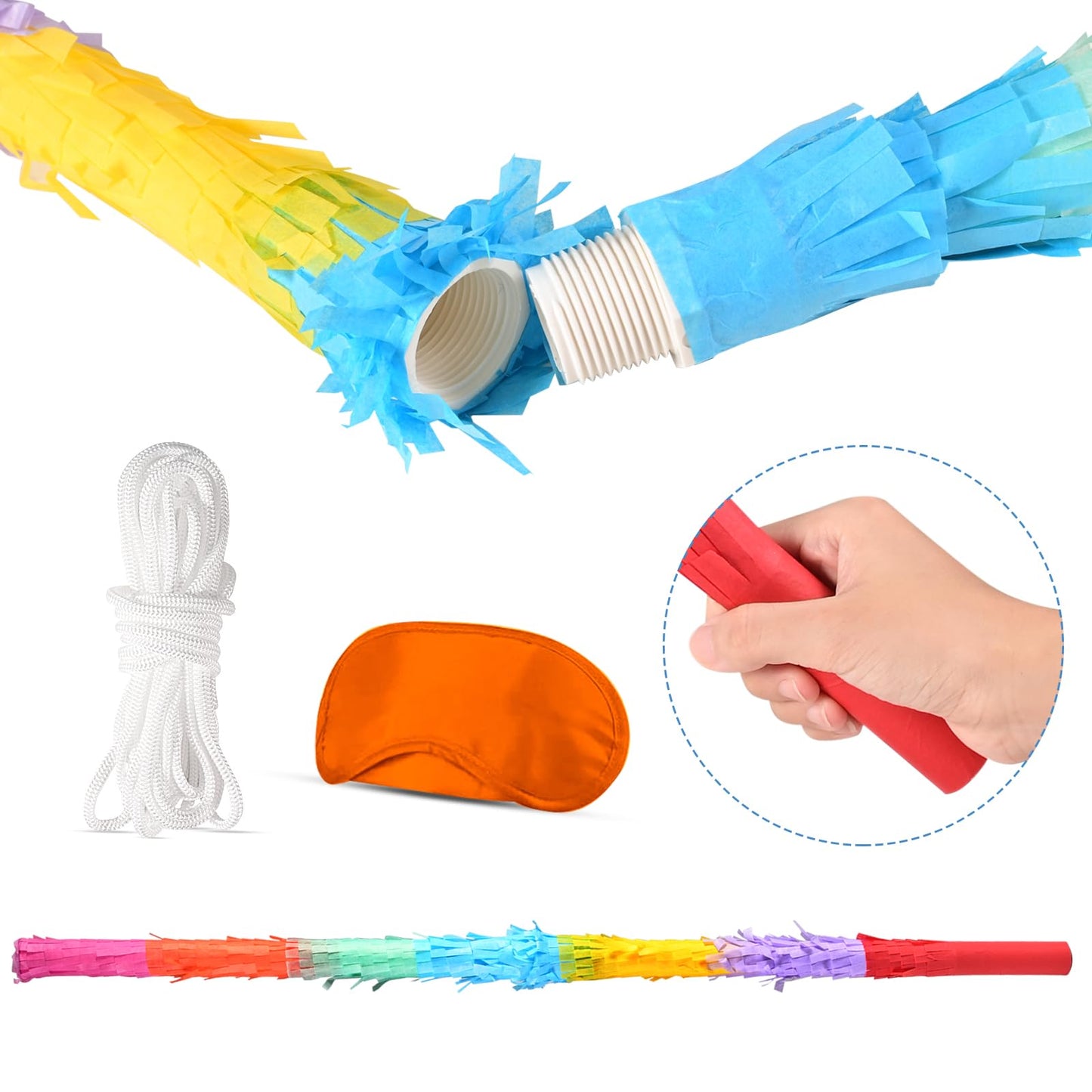 EnriQ 30-Inch Unbreakable Pinata Stick Kit with Blindfold & Rope – Rainbow Party Fun