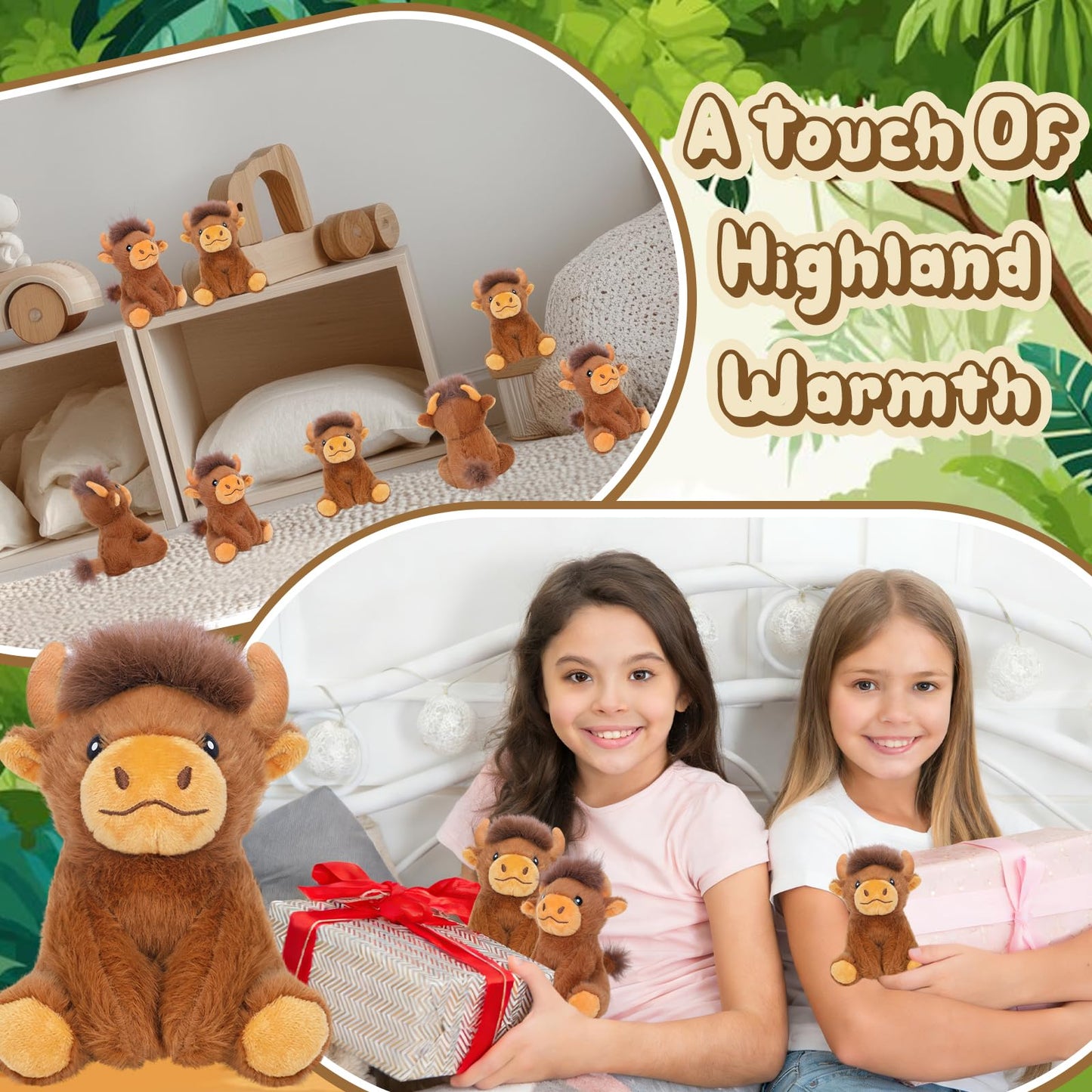 Entallor 16PCS Mini Highland Cow Plush Set – 5.9-Inch Realistic Scottish Cow Toys