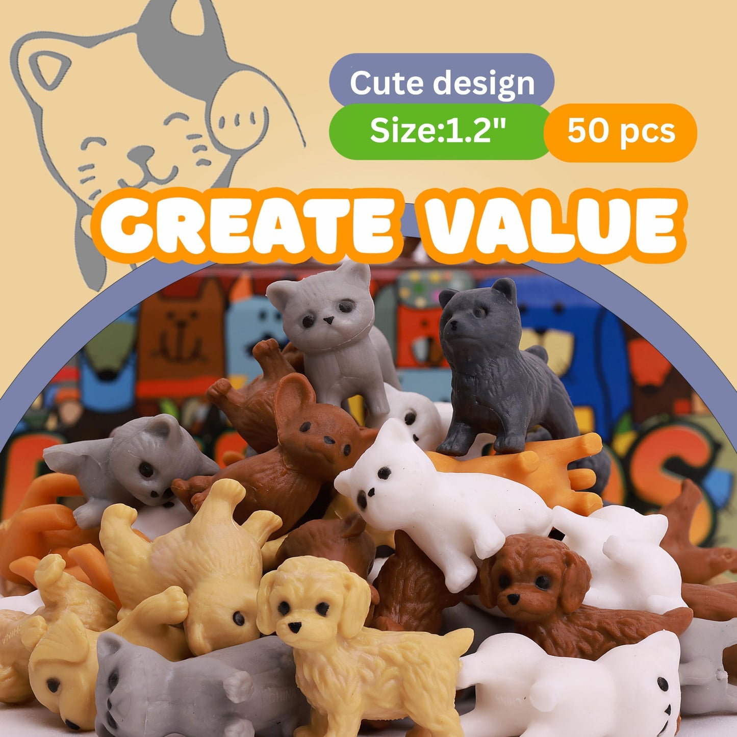 Entervending Tiny Dog & Cat Figurines — 50 Pcs Bulk Kids Toys for Easter & Classroom Prizes