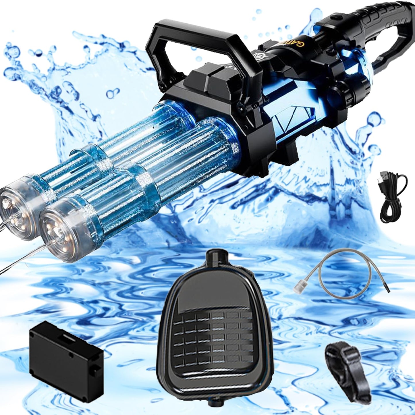 enttgo Electric Double Barrel Gatling Water Gun with Light, Rechargeable Battery Included & Large Capacity Backpack (Blue)