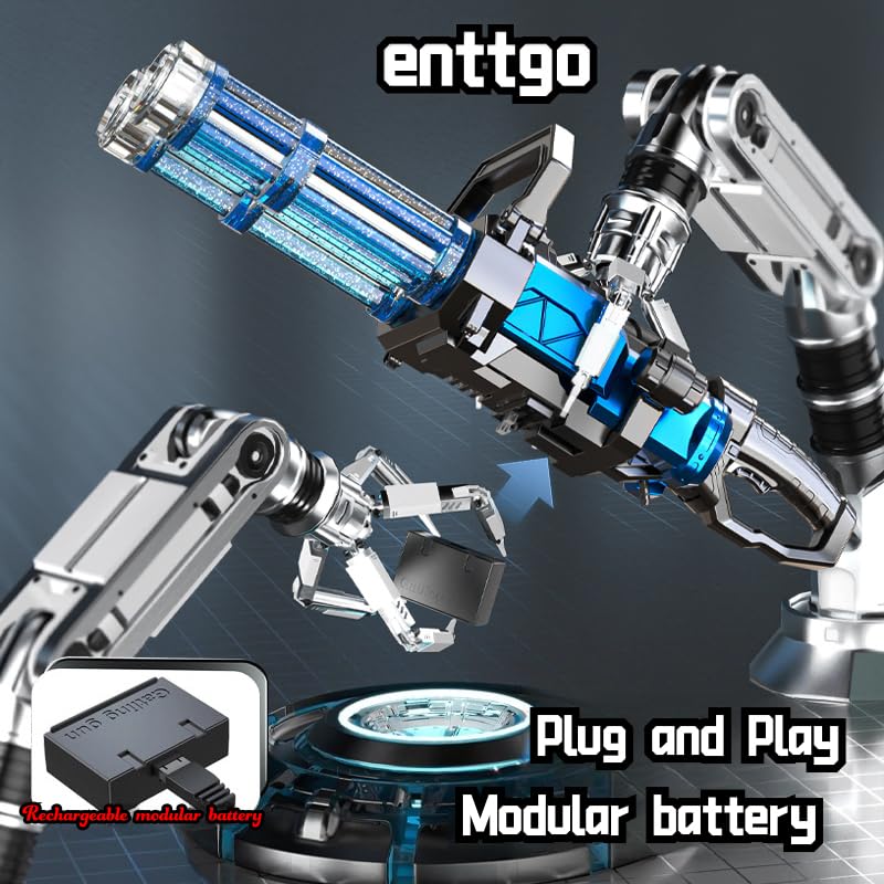 enttgo Electric Double Barrel Gatling Water Gun with Light, Rechargeable Battery Included & Large Capacity Backpack (Blue)