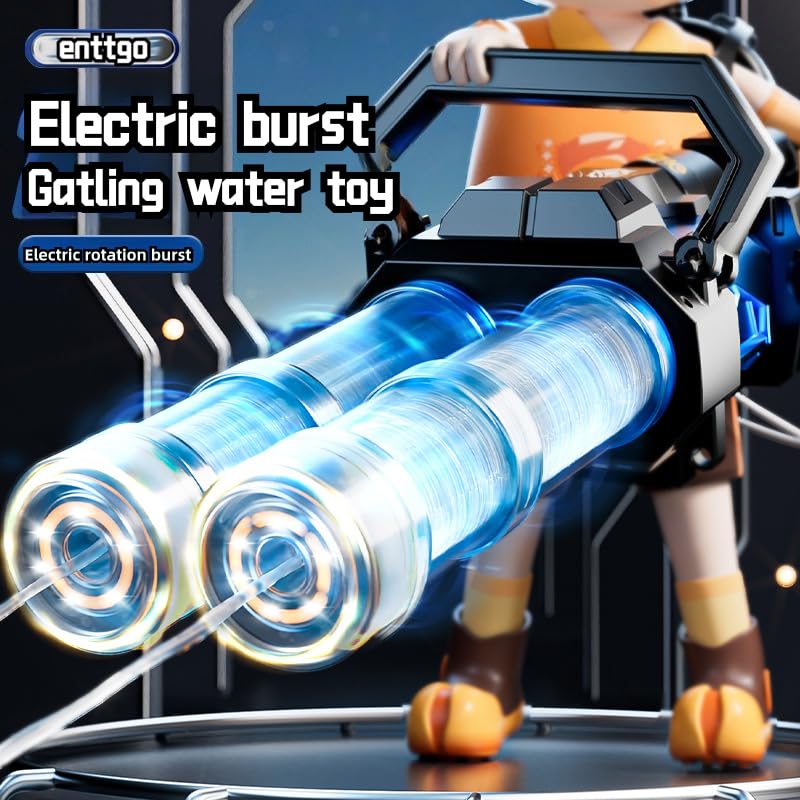 enttgo Electric Double Barrel Gatling Water Gun with Light, Rechargeable Battery Included & Large Capacity Backpack (Blue)