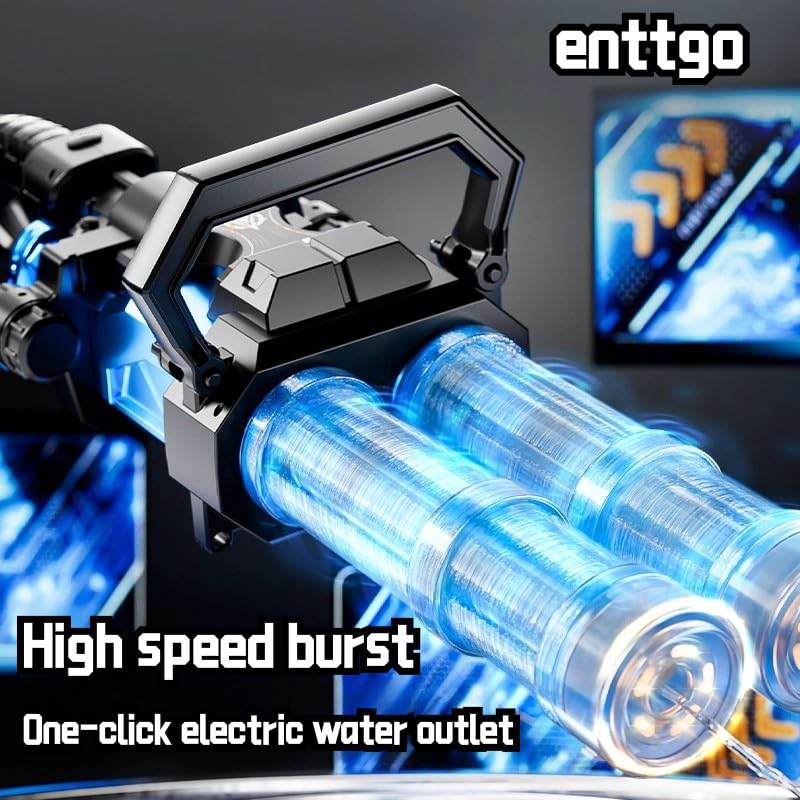 enttgo Electric Double Barrel Gatling Water Gun with Light, Rechargeable Battery Included & Large Capacity Backpack (Blue)