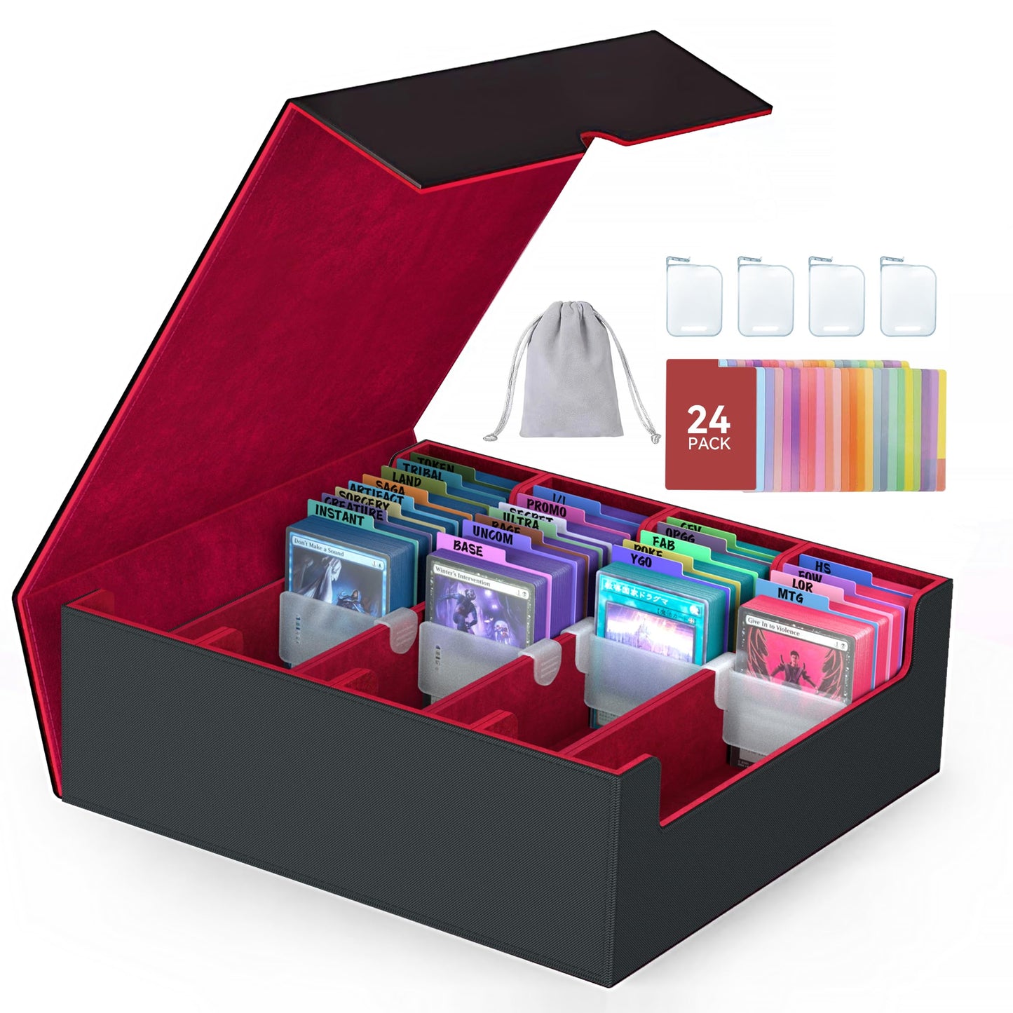 ENTUMO 4-Row Trading Card Storage Box with 24 Dividers – Holds 3200+ Cards, Magnetic Closure