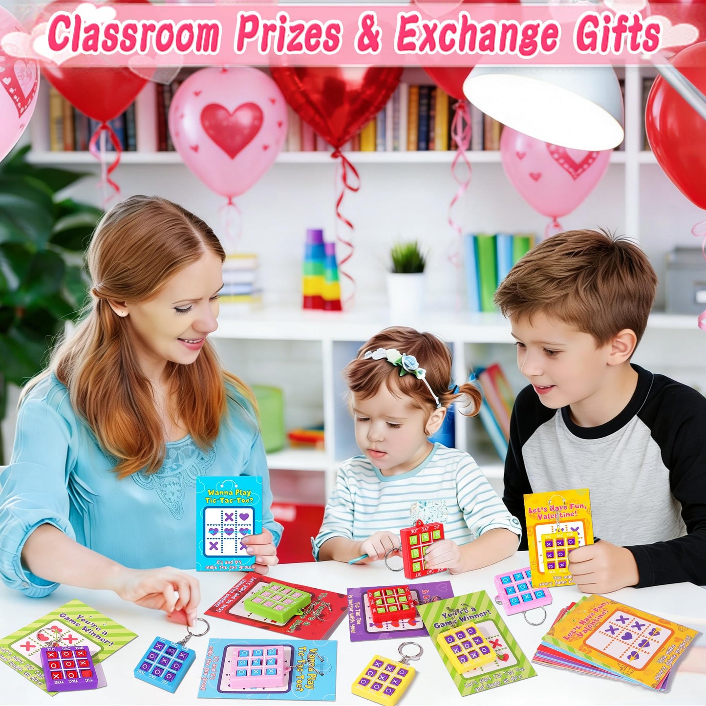 Envotek 24-Pack Valentines Gifts for Kids: Tic-Tac-Toe Keychains & Classroom Cards