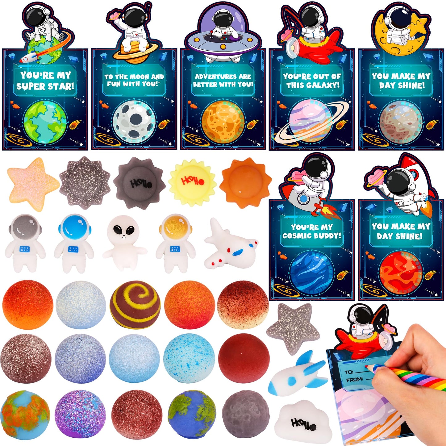 Envotek 28-Pack Galaxy Squishies & Valentine Cards for Classroom Gifts