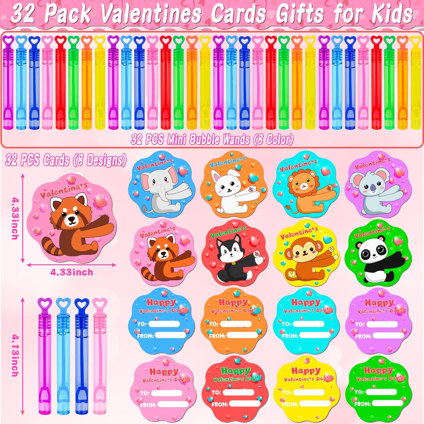 Envotek 32-Pack Valentines Day Kids Bubble Wands with Animal Cards – Classroom Party Favors