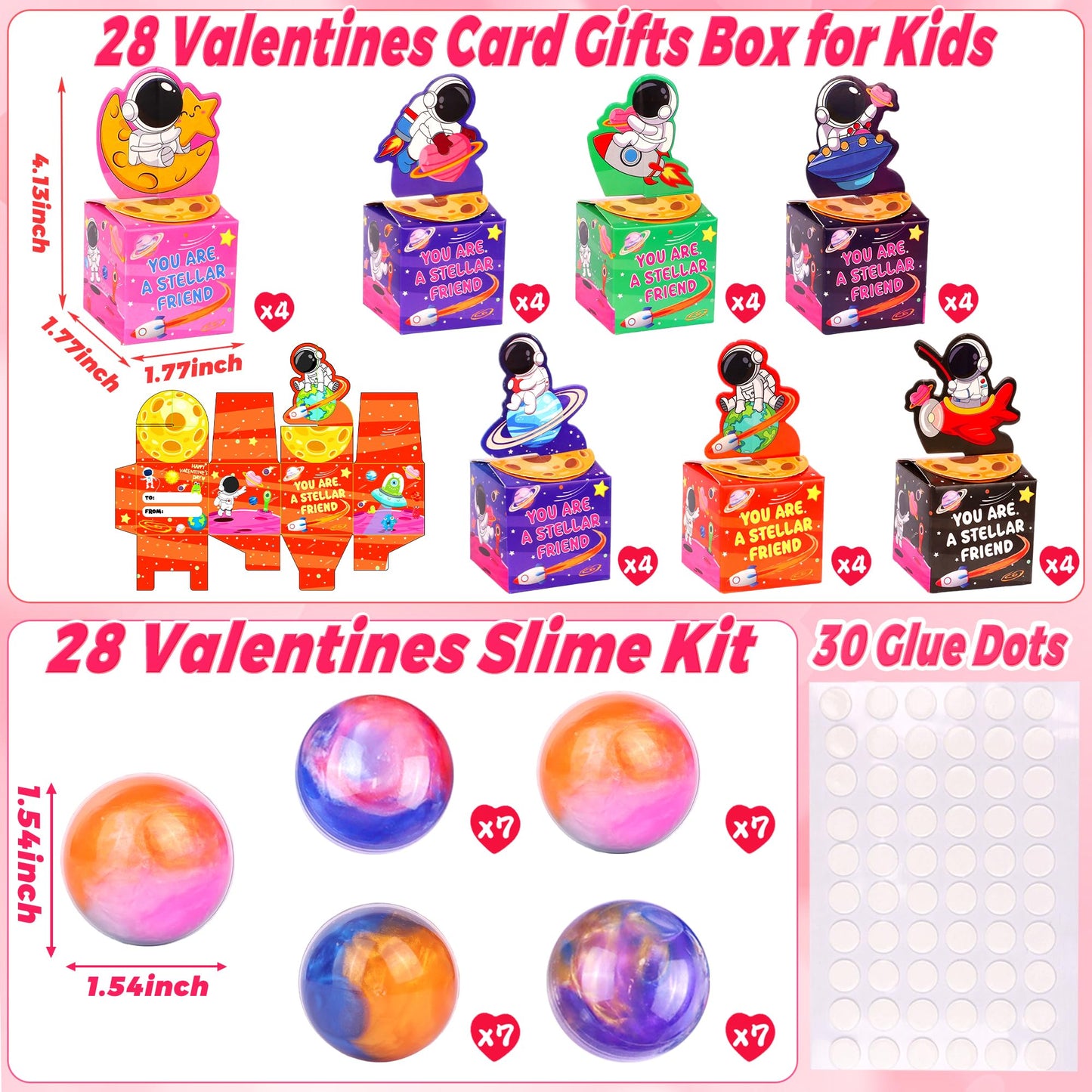 Envotek 28-Pack Valentines Galaxy Slime Kit for Kids — Space Card Boxes & ClassGift