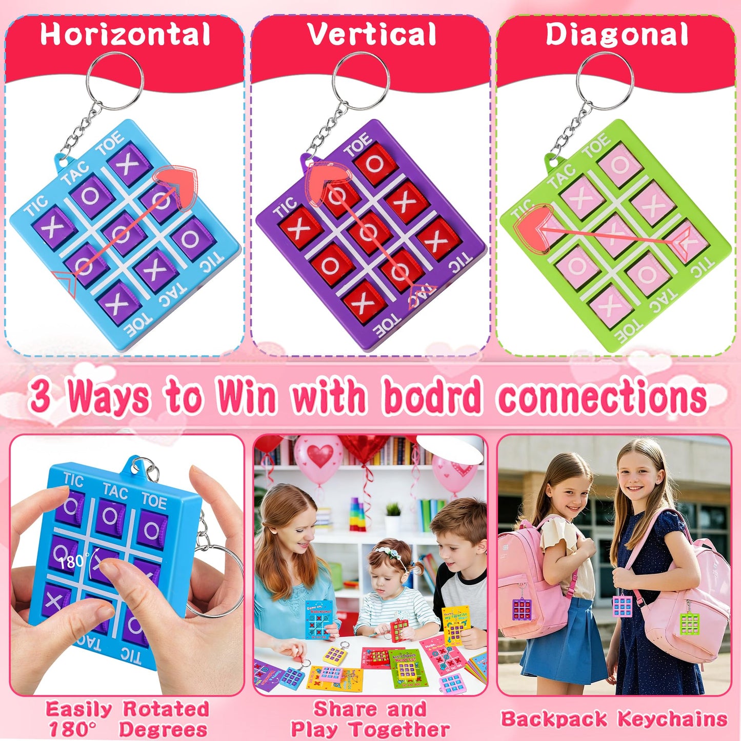 Envotek 24-Pack Kids Valentine Cards with Tic-Tac-Toe Keychains | Classroom Exchange & Party Favors