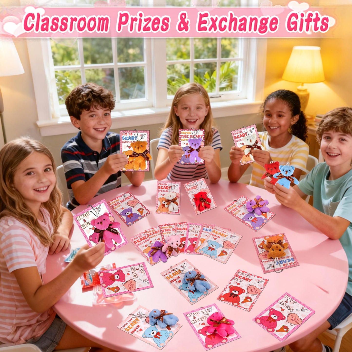 Envotek 28-Pack Valentines Cards with Mini Bear Plush Toys and Keychains