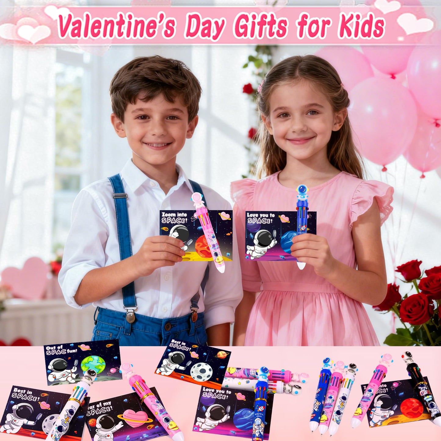Envotek 24-Pack Valentines Gift Set — 10-in-1 Multicolor Pens & Space Cards