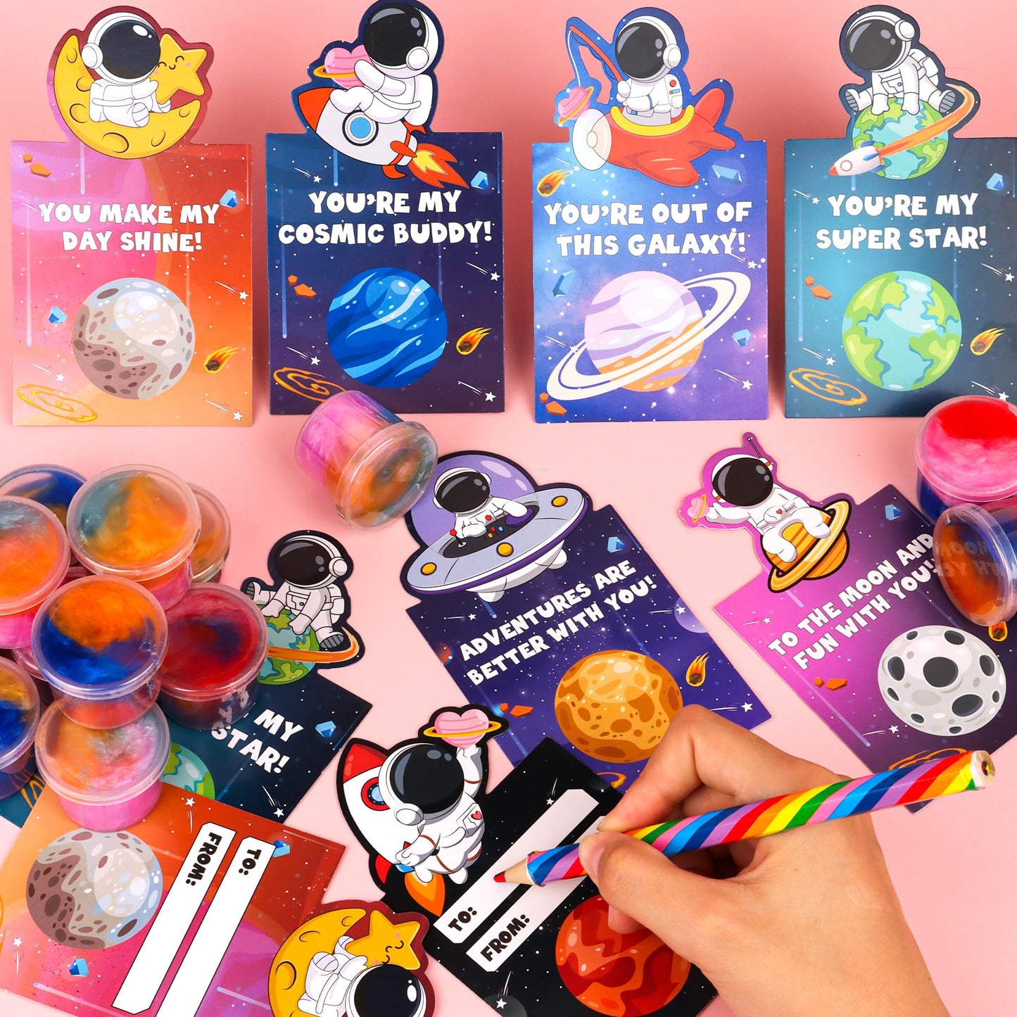 Envotek Galaxy Slime Kit — 28 Valentine Cards & Slime for Kids Classroom