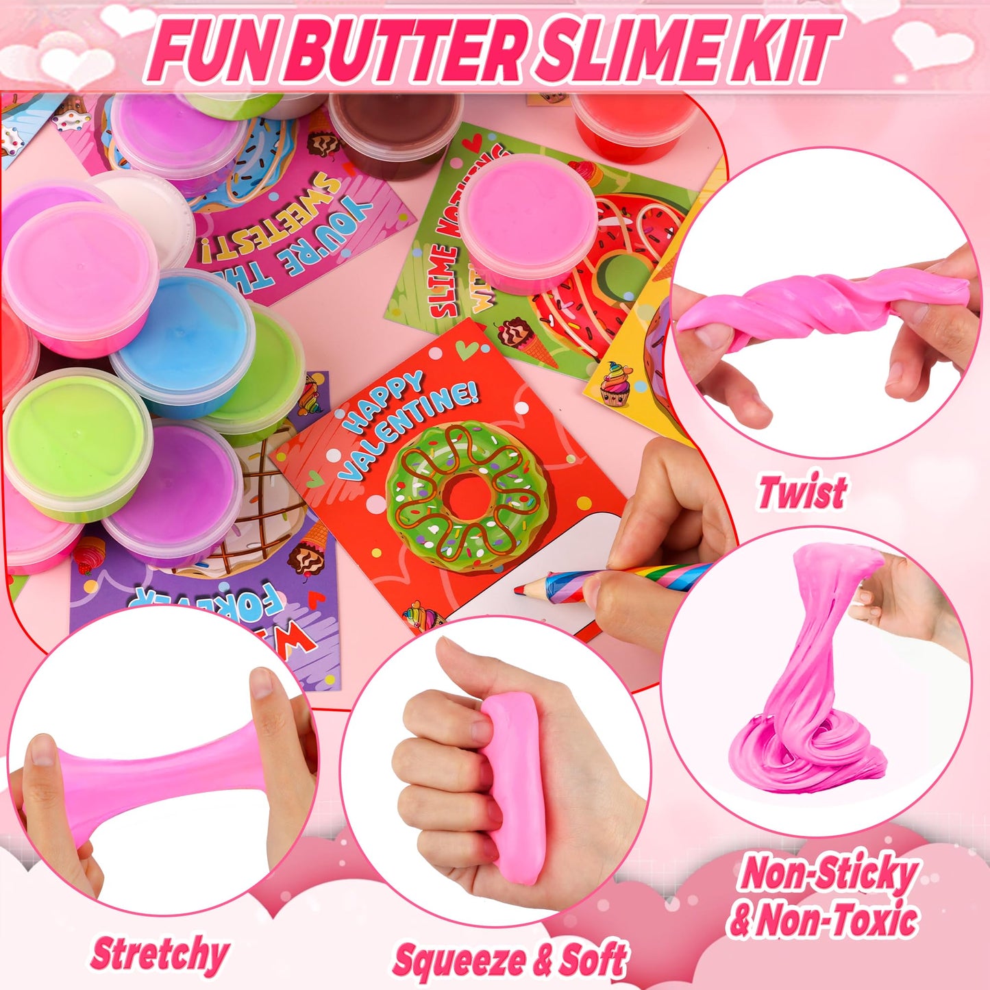 Envotek 28-Pack Butter Slime Valentine Kit for Kids – Cards, Classroom Gifts & Party Favors