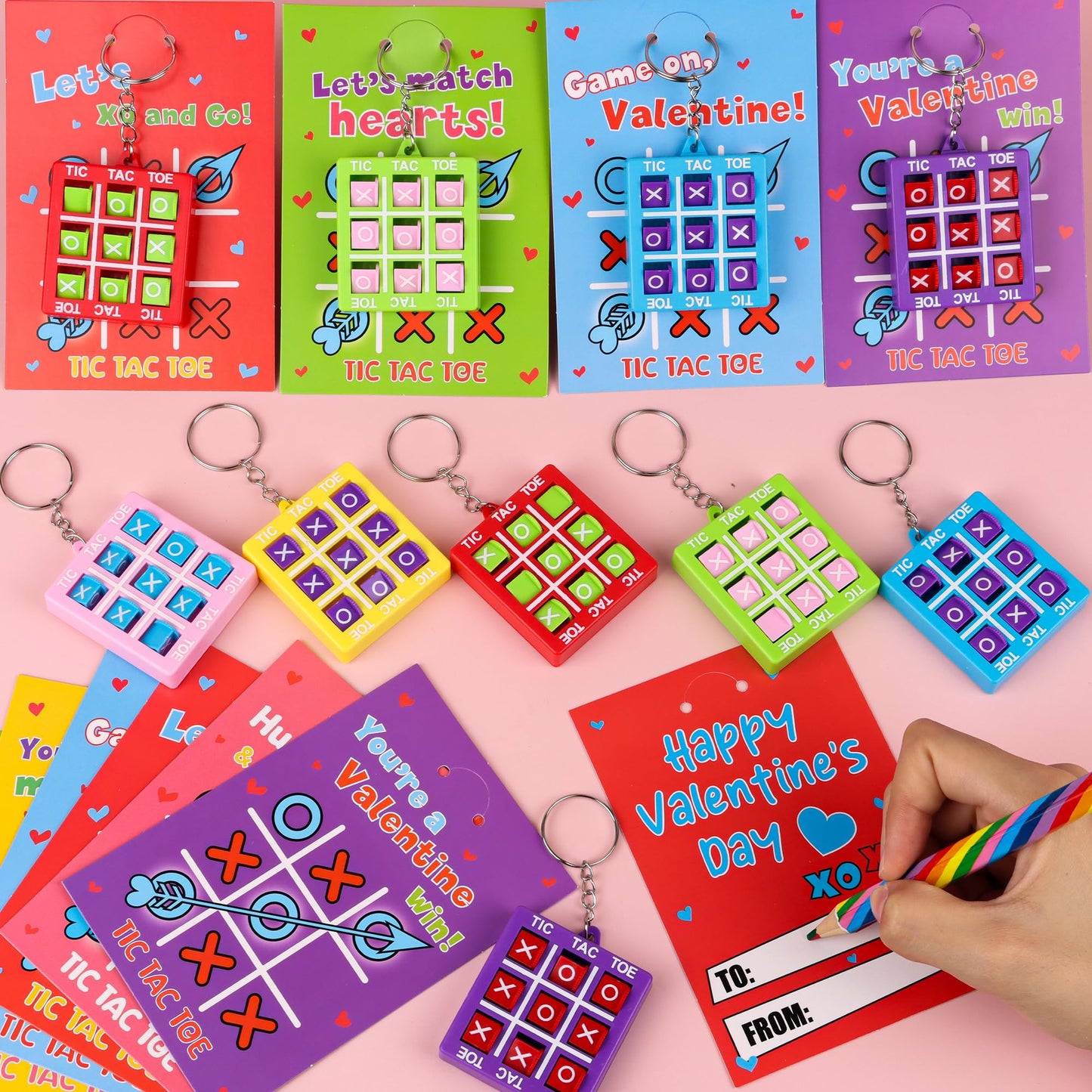Envotek 24-Pack Kids Valentine Cards with Tic-Tac-Toe Keychains | Classroom Exchange & Party Favors