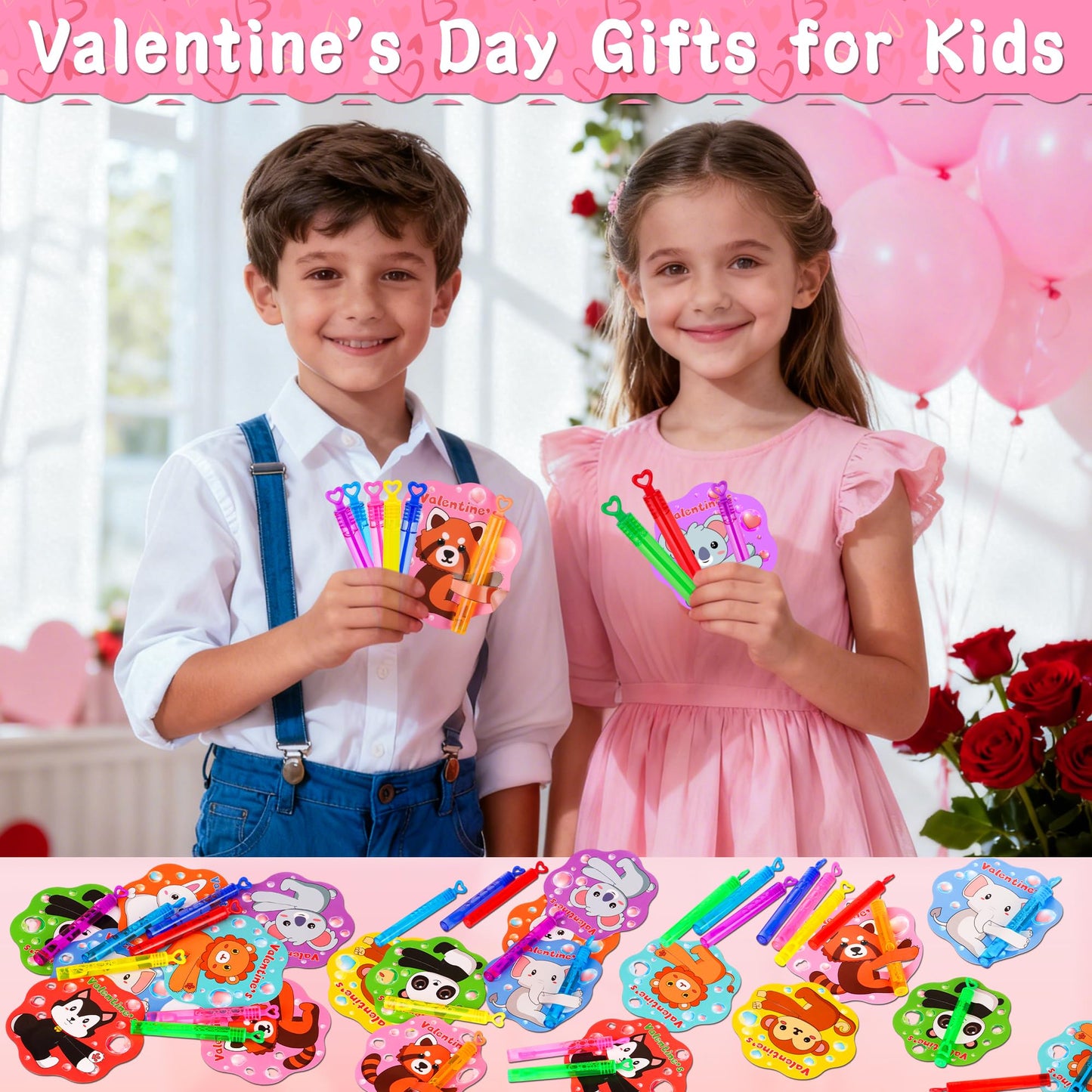 Envotek 32-Pack Valentines Day Kids Bubble Wands with Animal Cards – Classroom Party Favors