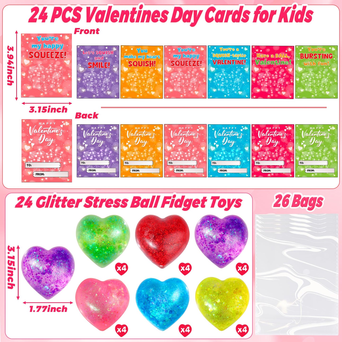 Envotek 24-Pack Valentine Classroom Cards with Heart Fidget Balls | Stress-Relief Squeeze Toys for Kids