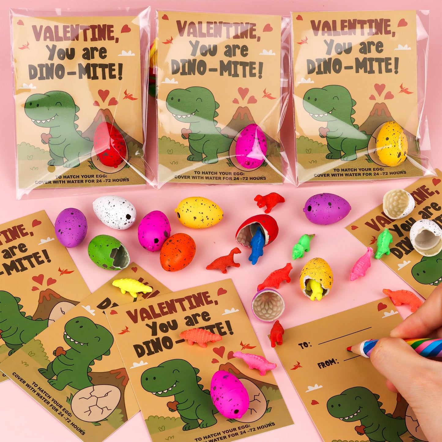 Envotek 28-Pack Dinosaur Egg Hatching Valentines for Kids | Classroom Cards & Party Favors
