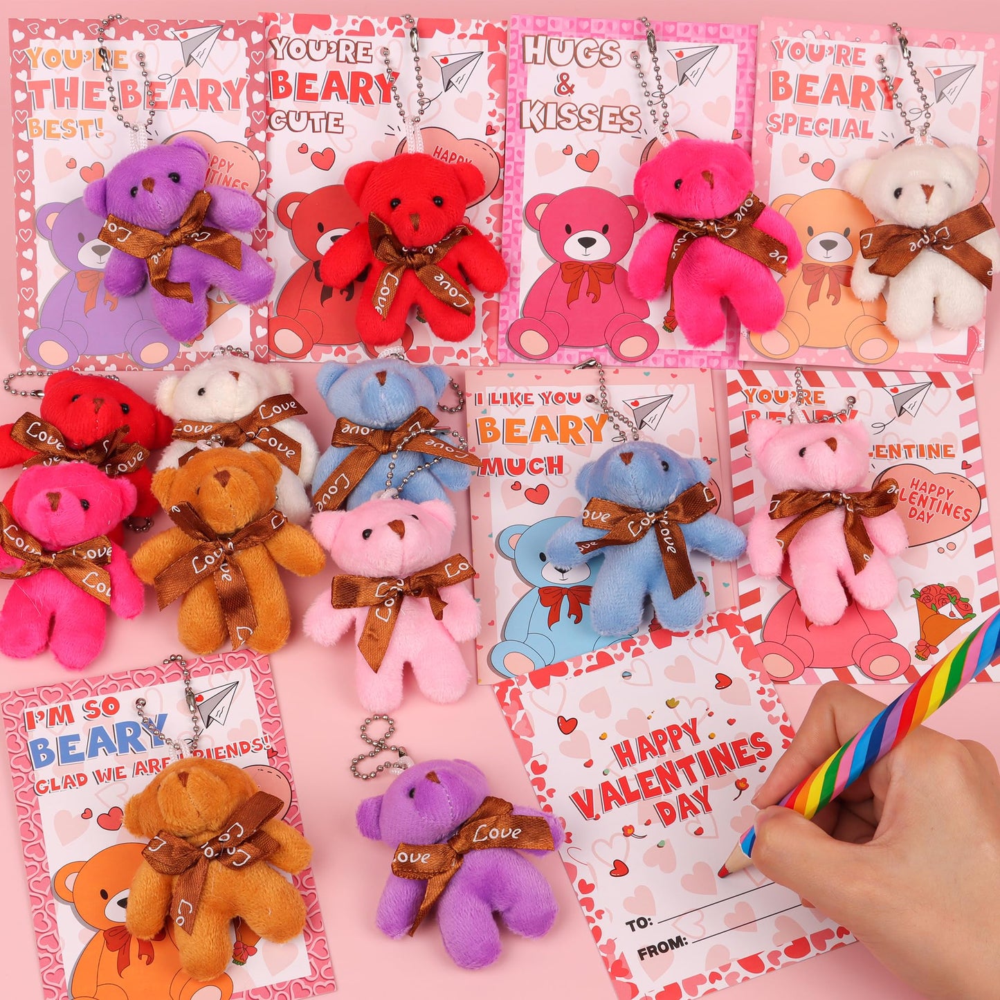 Envotek 28-Pack Valentines Cards with Mini Bear Plush Toys and Keychains
