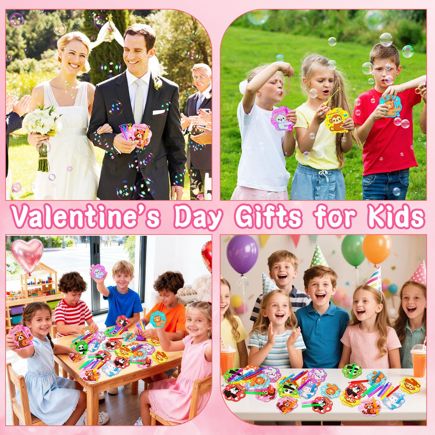 Envotek 32-Pack Valentines Day Kids Bubble Wands with Animal Cards – Classroom Party Favors
