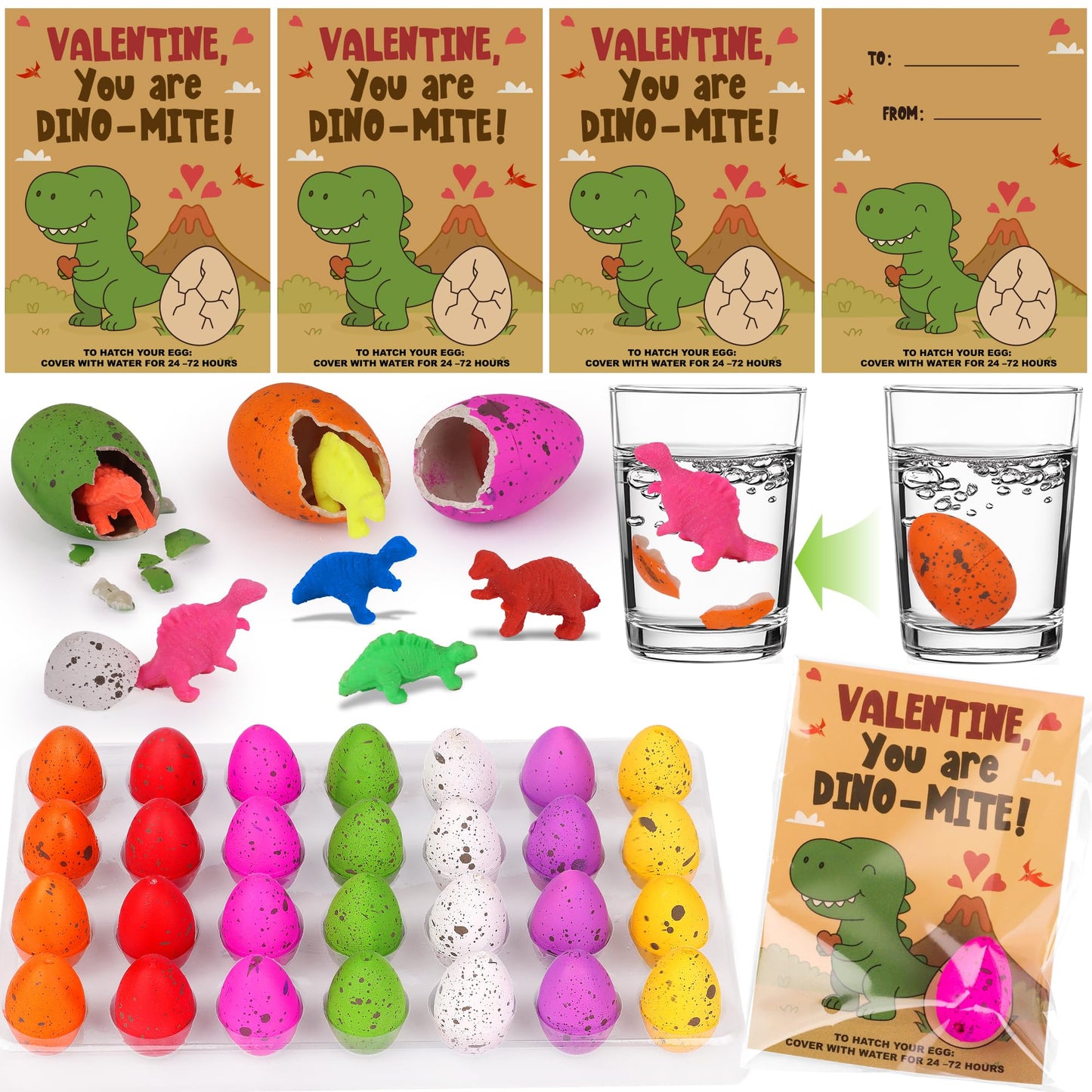 Envotek 28-Pack Dinosaur Egg Hatching Valentines for Kids | Classroom Cards & Party Favors