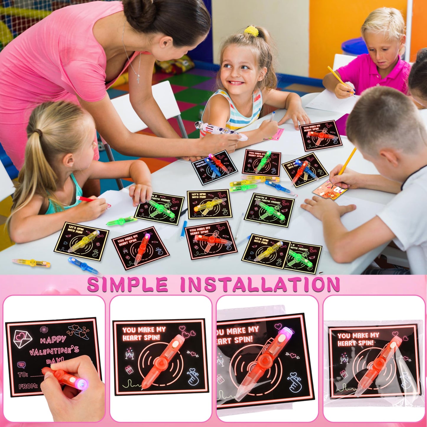 Envotek 24-Pack Valentines Day Gifts for Kids – LED Rotating Fidget Toys & Cards