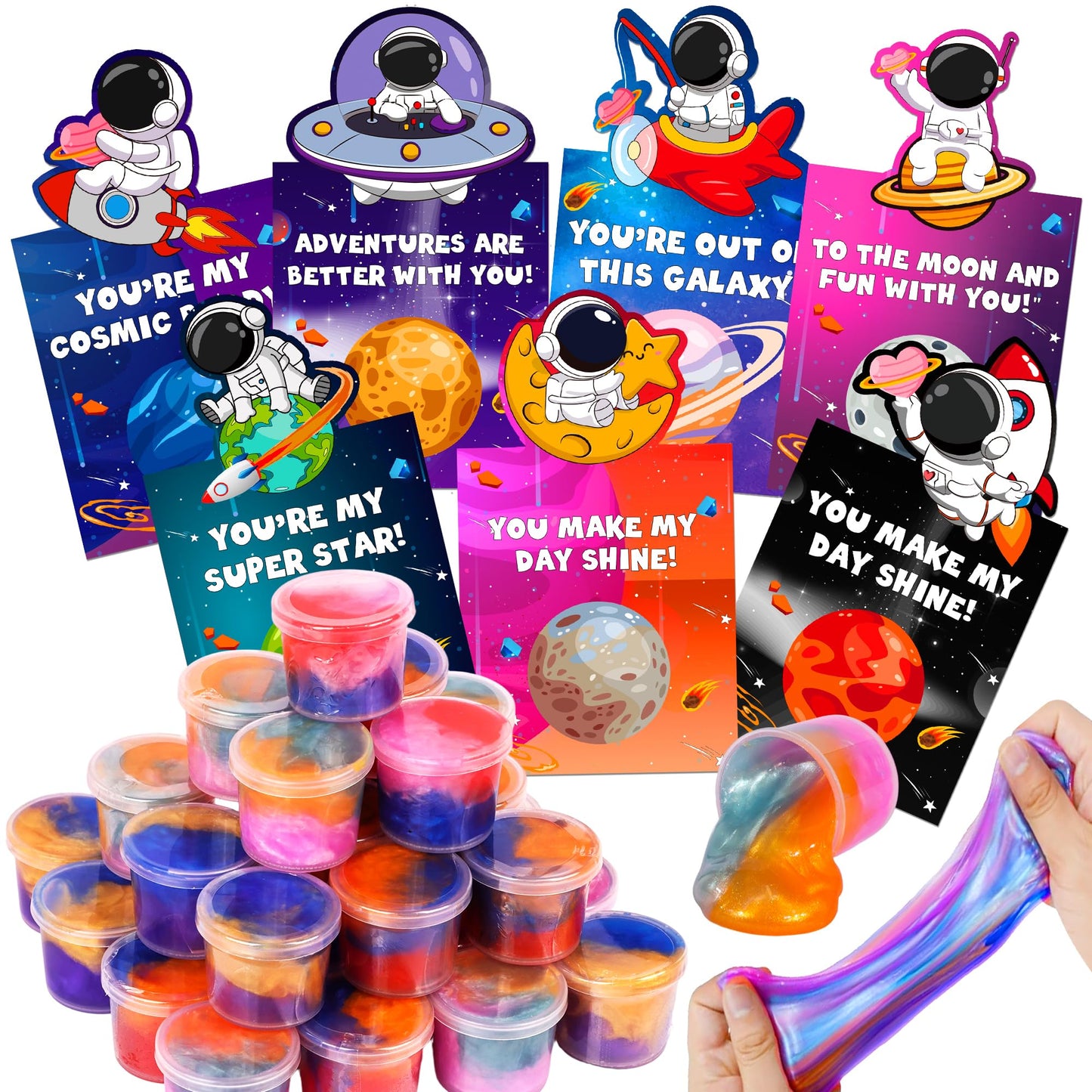 Envotek Galaxy Slime Kit — 28 Valentine Cards & Slime for Kids Classroom