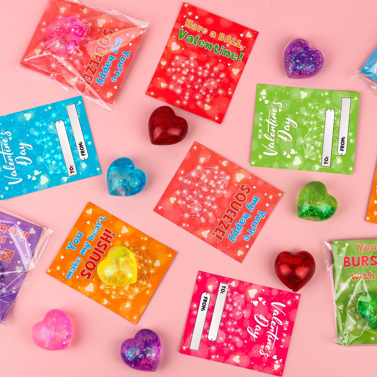 Envotek 24-Pack Valentine Classroom Cards with Heart Fidget Balls | Stress-Relief Squeeze Toys for Kids