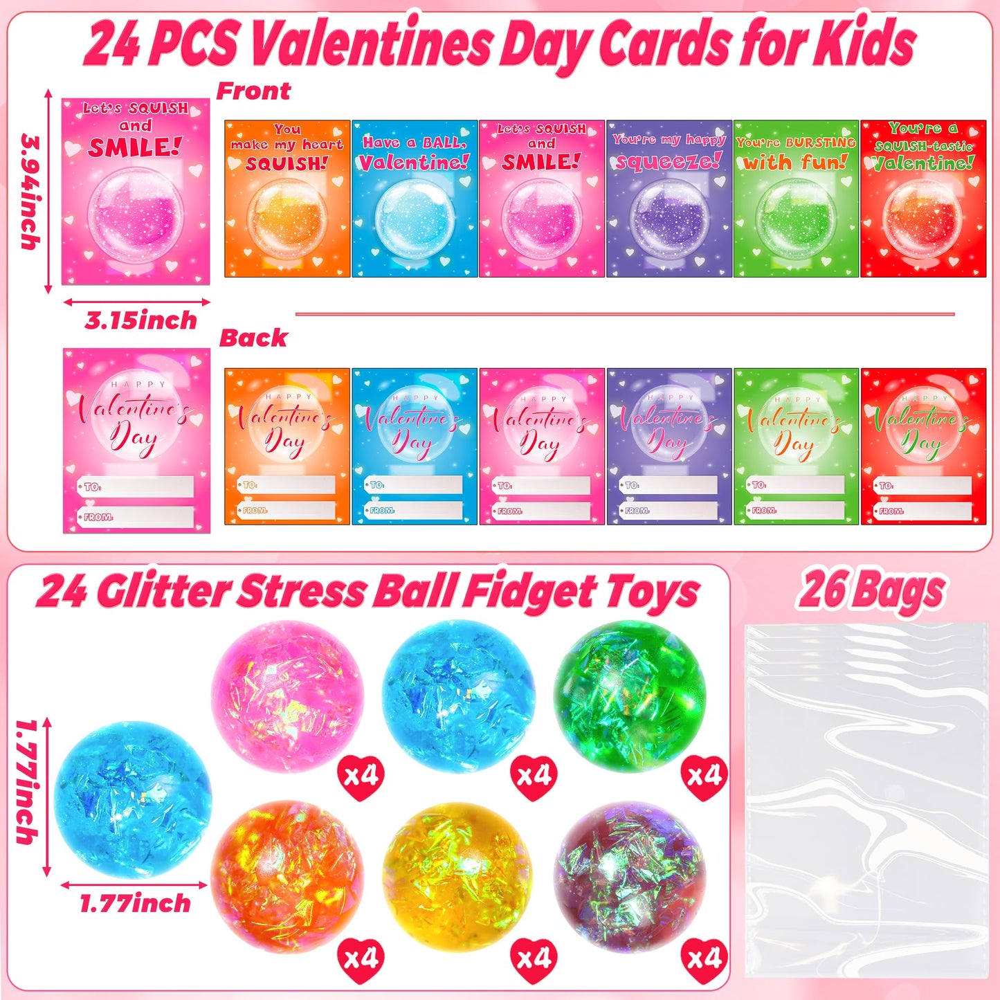 Envotek 24-Pack Valentine’s Day Gifts for Kids — Cards & Glitter Squeeze Balls