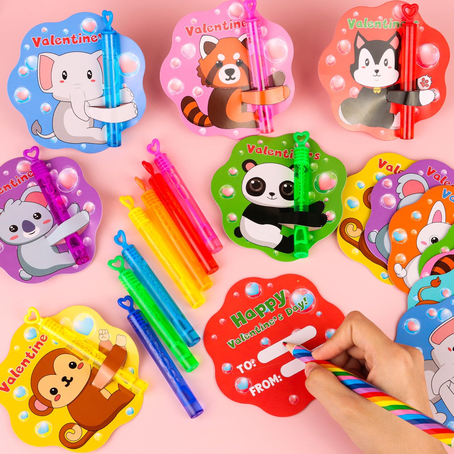 Envotek 32-Pack Valentines Day Kids Bubble Wands with Animal Cards – Classroom Party Favors