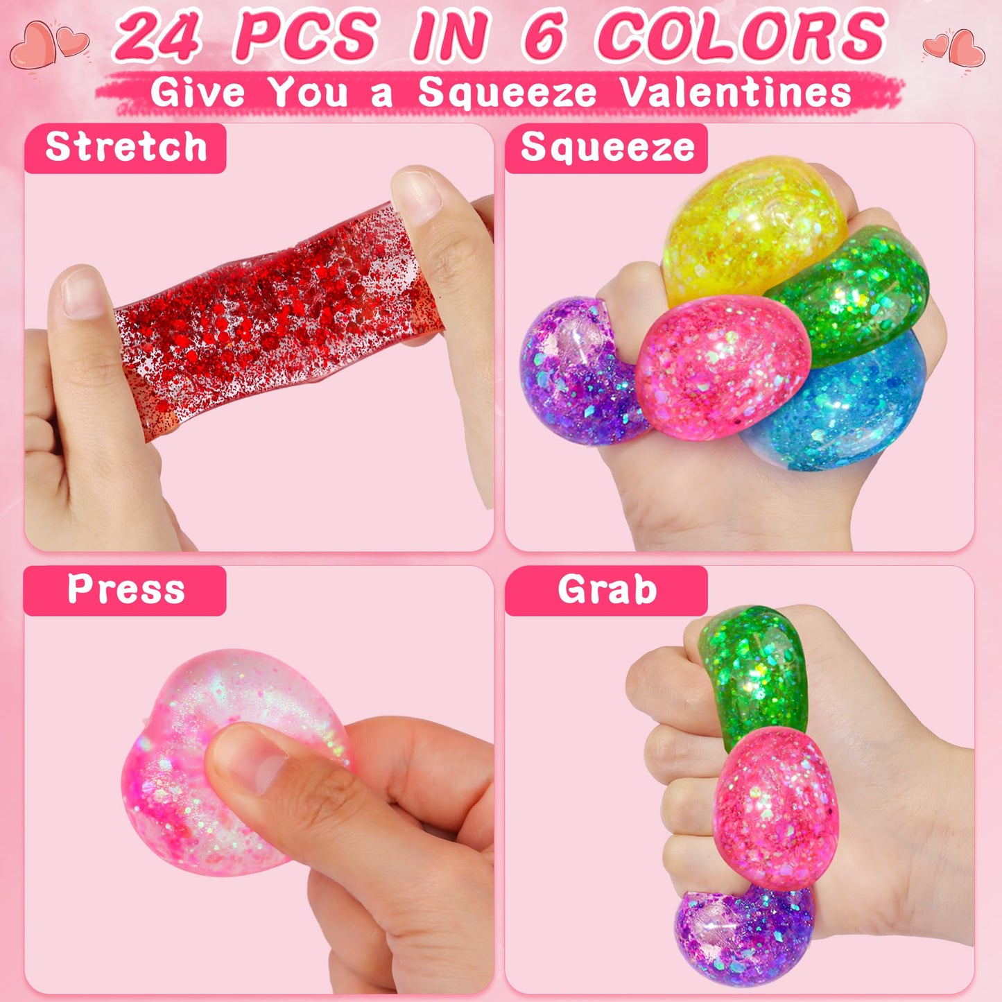 Envotek 24-Pack Valentine Classroom Cards with Heart Fidget Balls | Stress-Relief Squeeze Toys for Kids