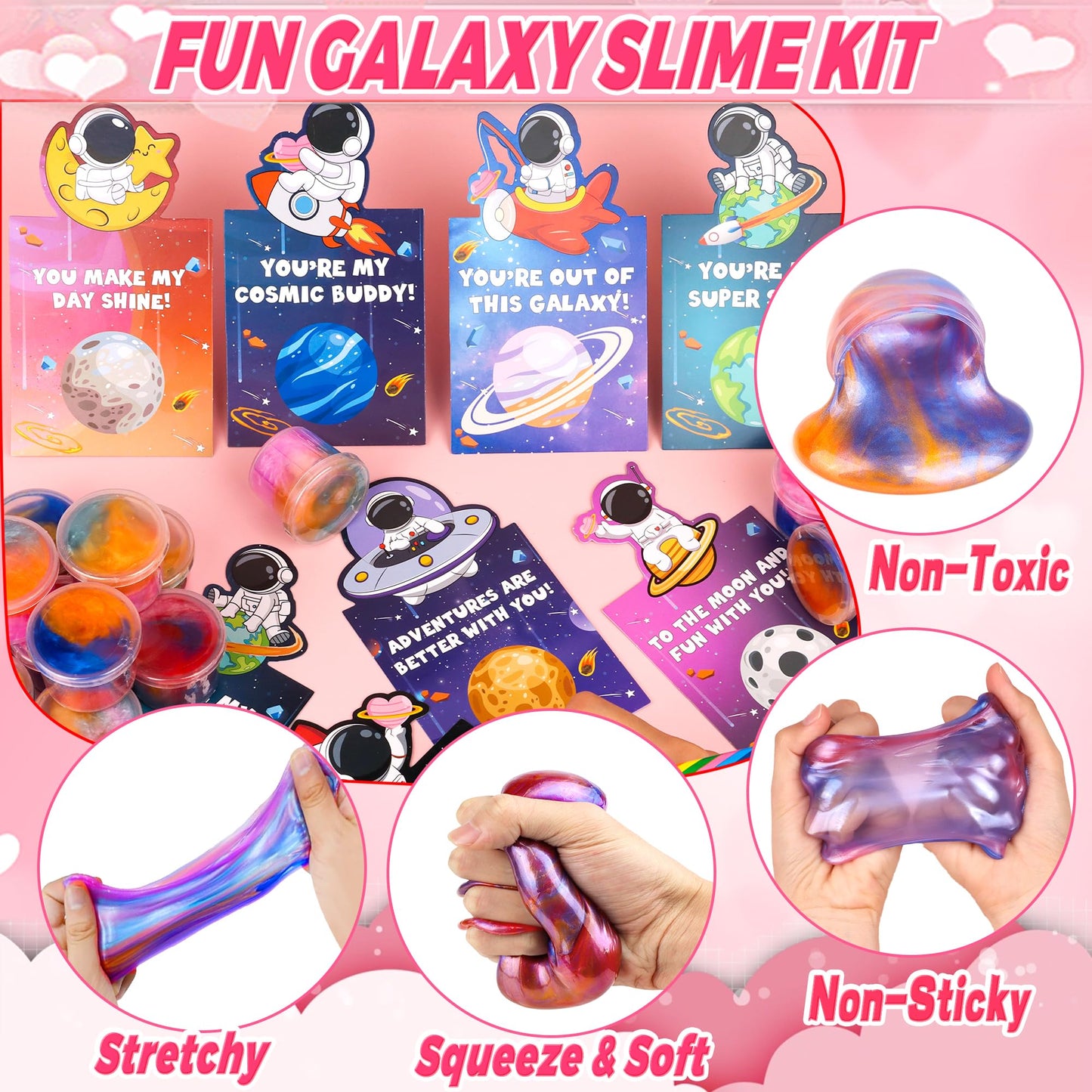 Envotek Galaxy Slime Kit — 28 Valentine Cards & Slime for Kids Classroom