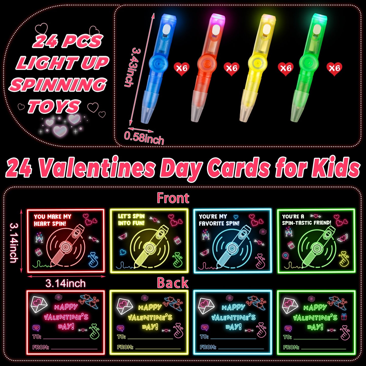 Envotek 24-Pack Valentines Day Gifts for Kids – LED Rotating Fidget Toys & Cards