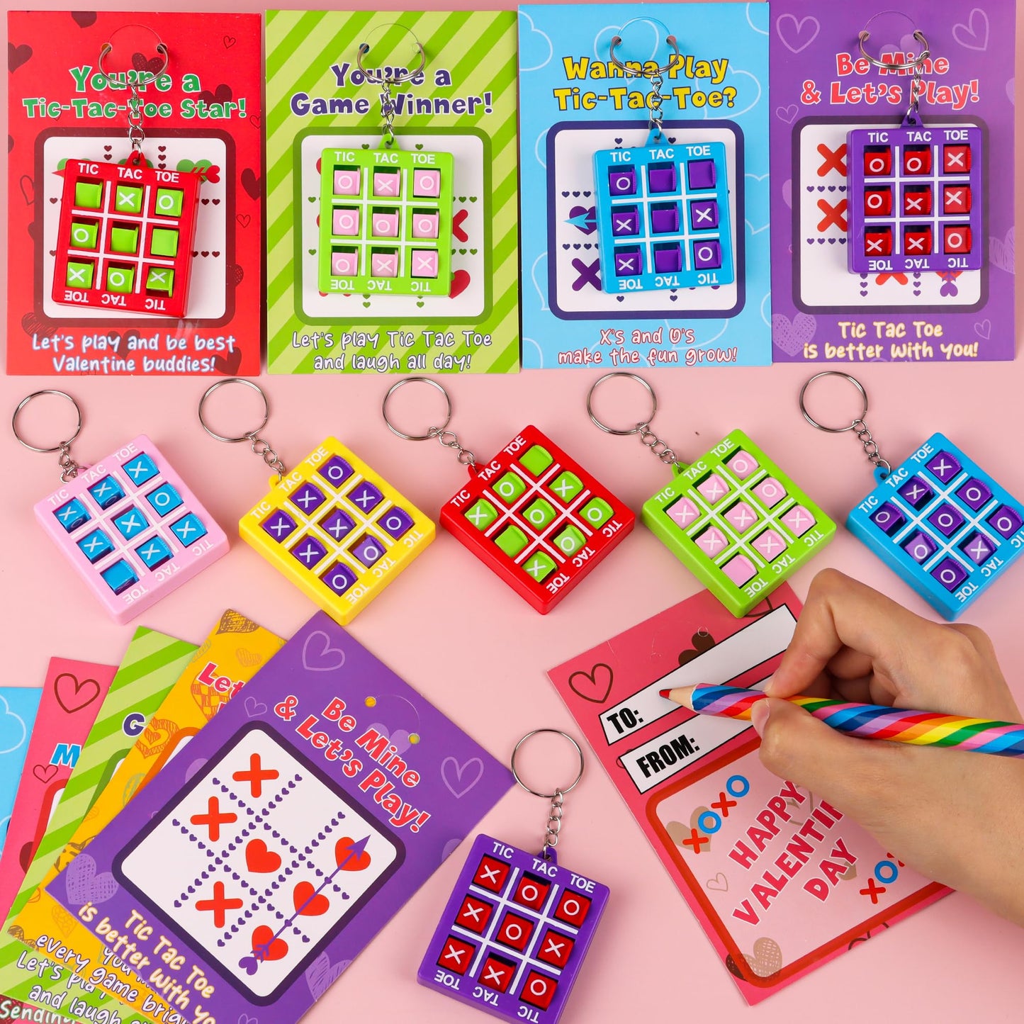 Envotek 24-Pack Valentines Gifts for Kids: Tic-Tac-Toe Keychains & Classroom Cards