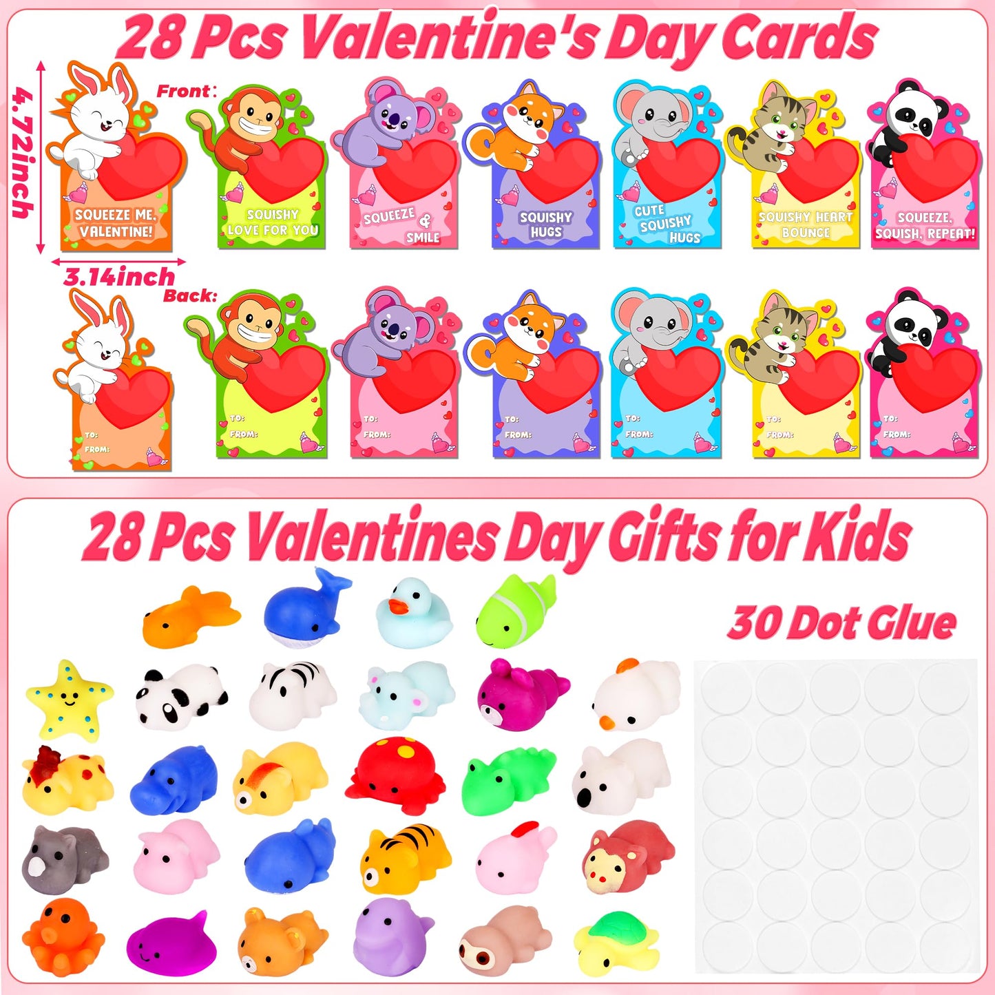 Envotek 28-Pack Valentines Day Cards & Kawaii Mochi Squishies — Classroom Gifts & Party Favors