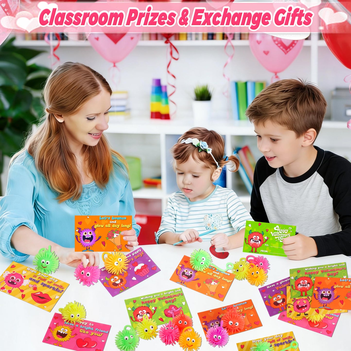 Envotek 24-Pack Valentines Day LED Puffer Balls with Monster Cards – Classroom Gifts