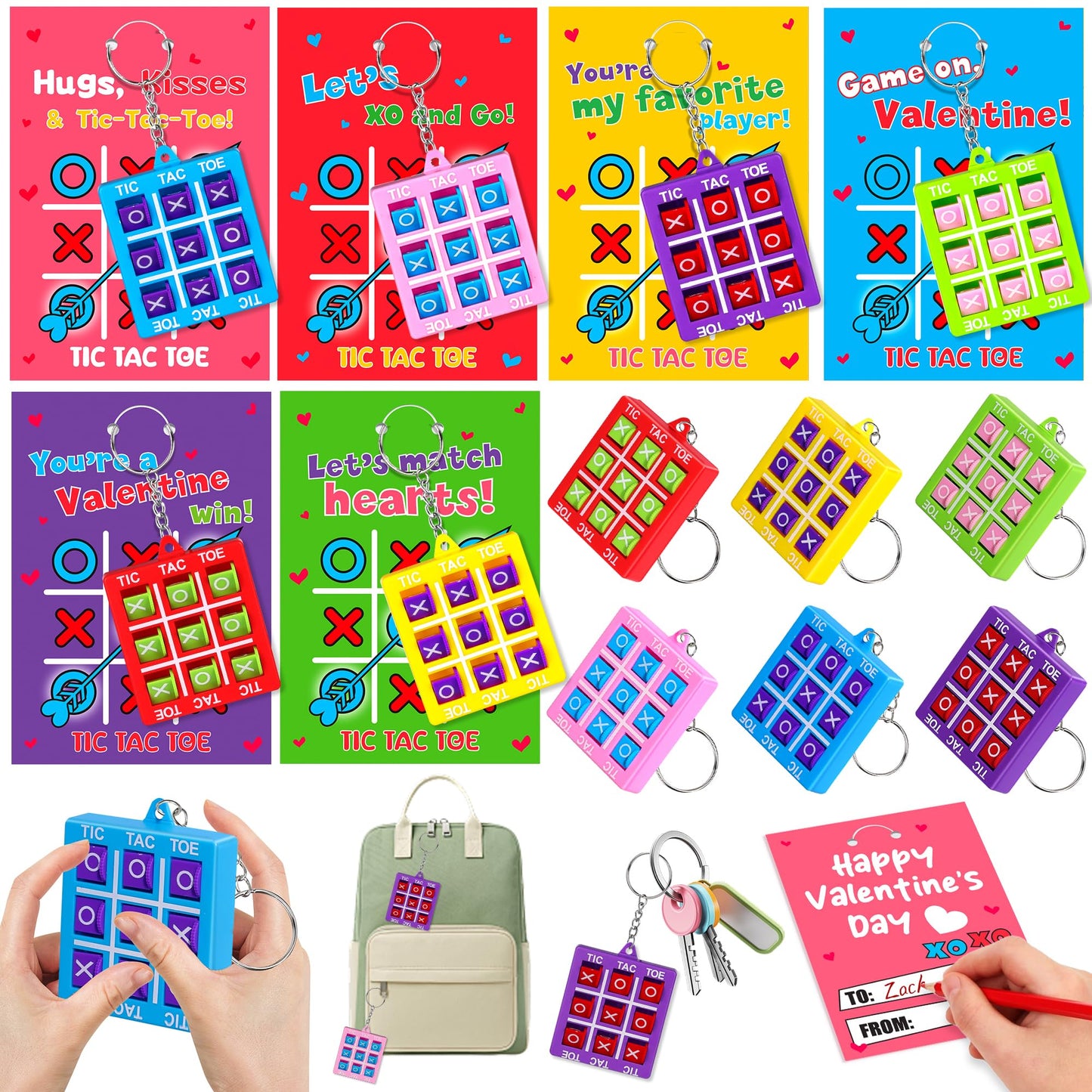 Envotek 24-Pack Kids Valentine Cards with Tic-Tac-Toe Keychains | Classroom Exchange & Party Favors