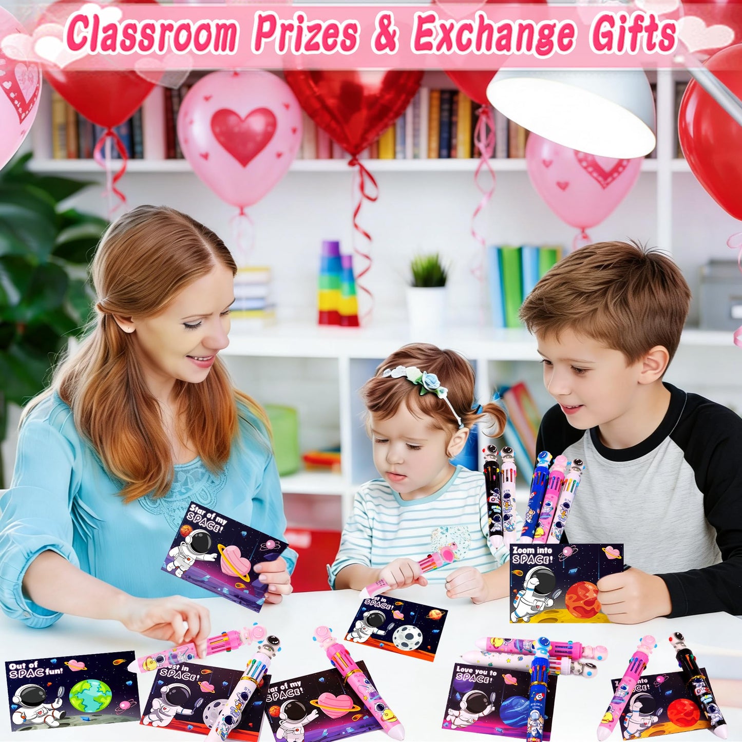 Envotek 24-Pack Valentines Gift Set — 10-in-1 Multicolor Pens & Space Cards