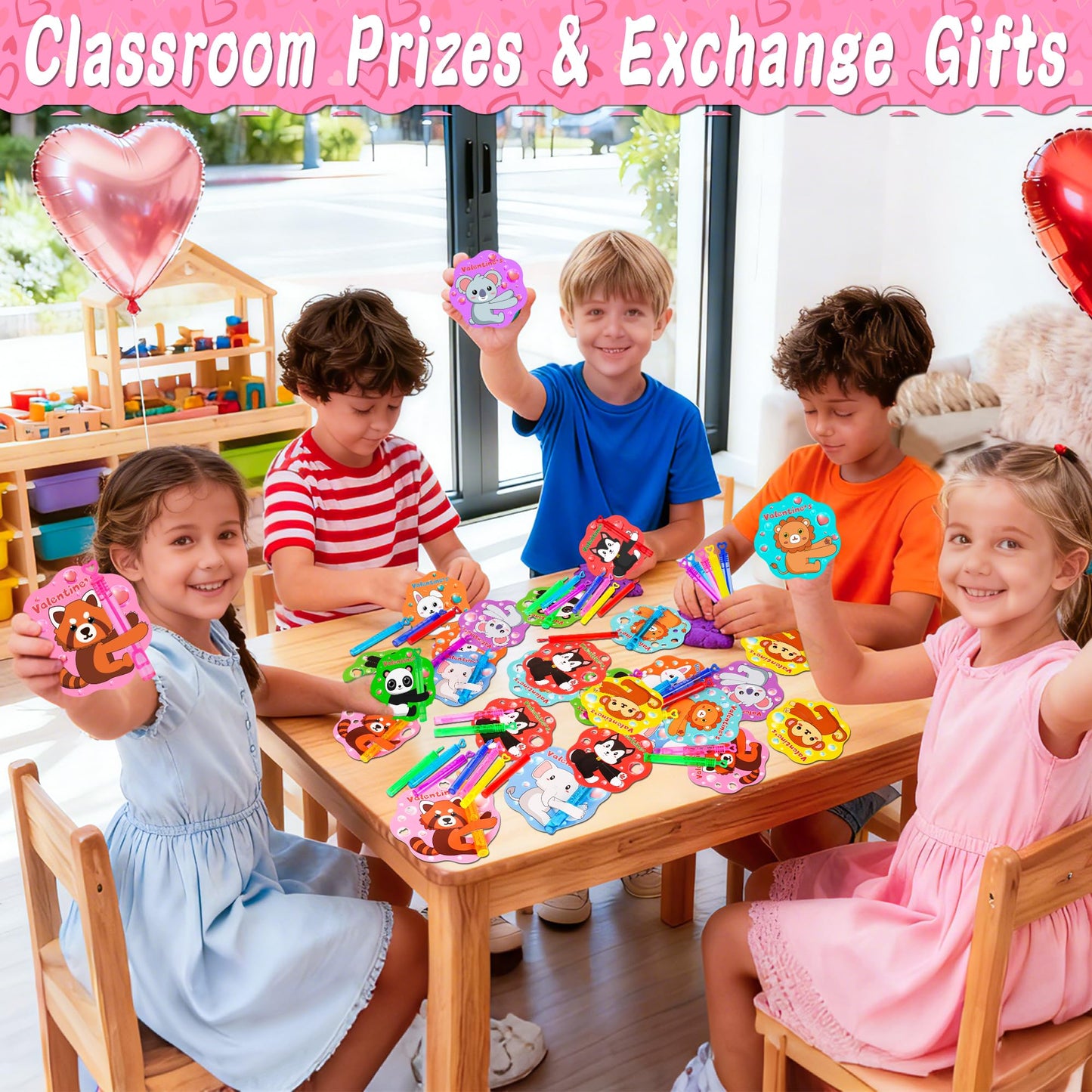 Envotek 32-Pack Valentines Day Kids Bubble Wands with Animal Cards – Classroom Party Favors