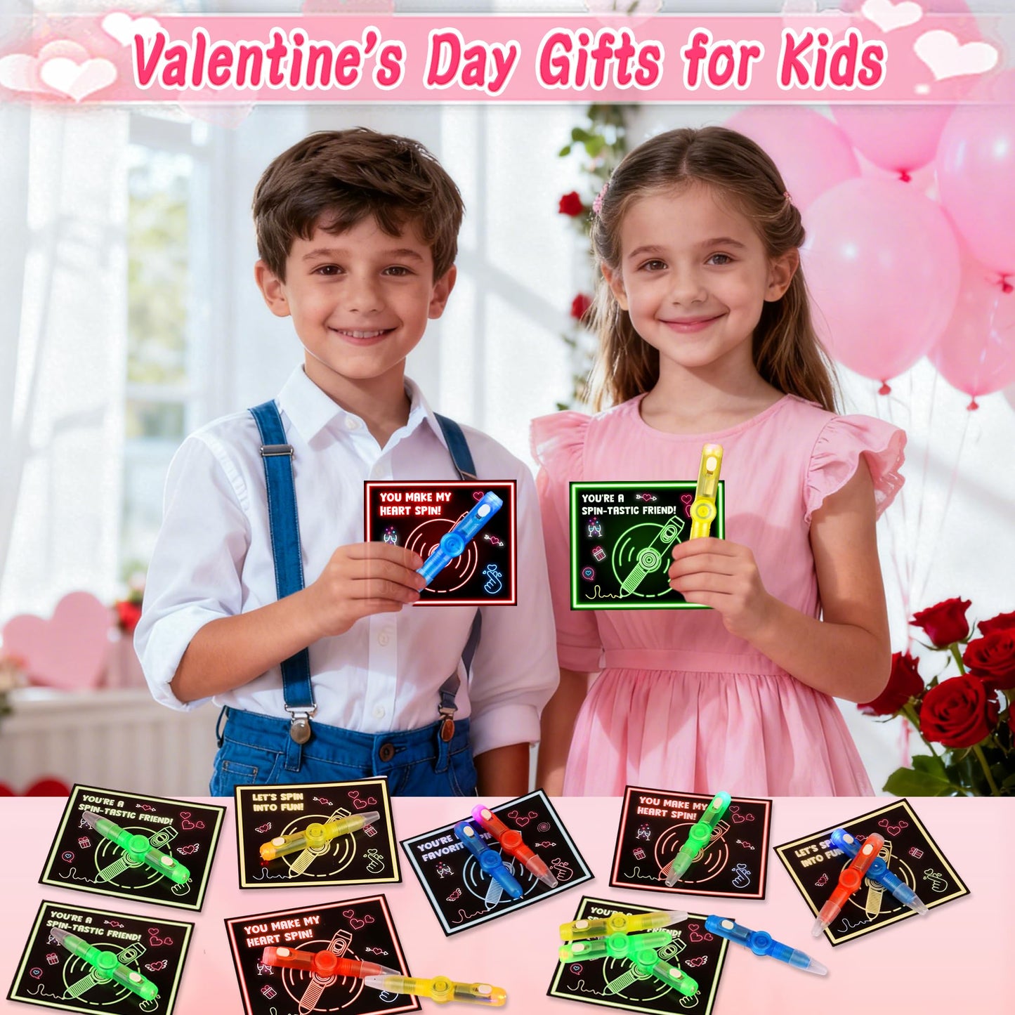 Envotek 24-Pack Valentines Day Gifts for Kids – LED Rotating Fidget Toys & Cards