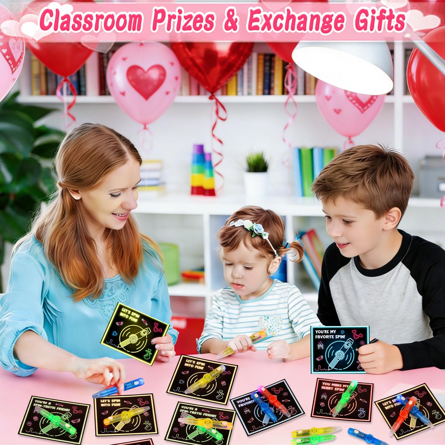 Envotek 24-Pack Valentines Day Gifts for Kids – LED Rotating Fidget Toys & Cards