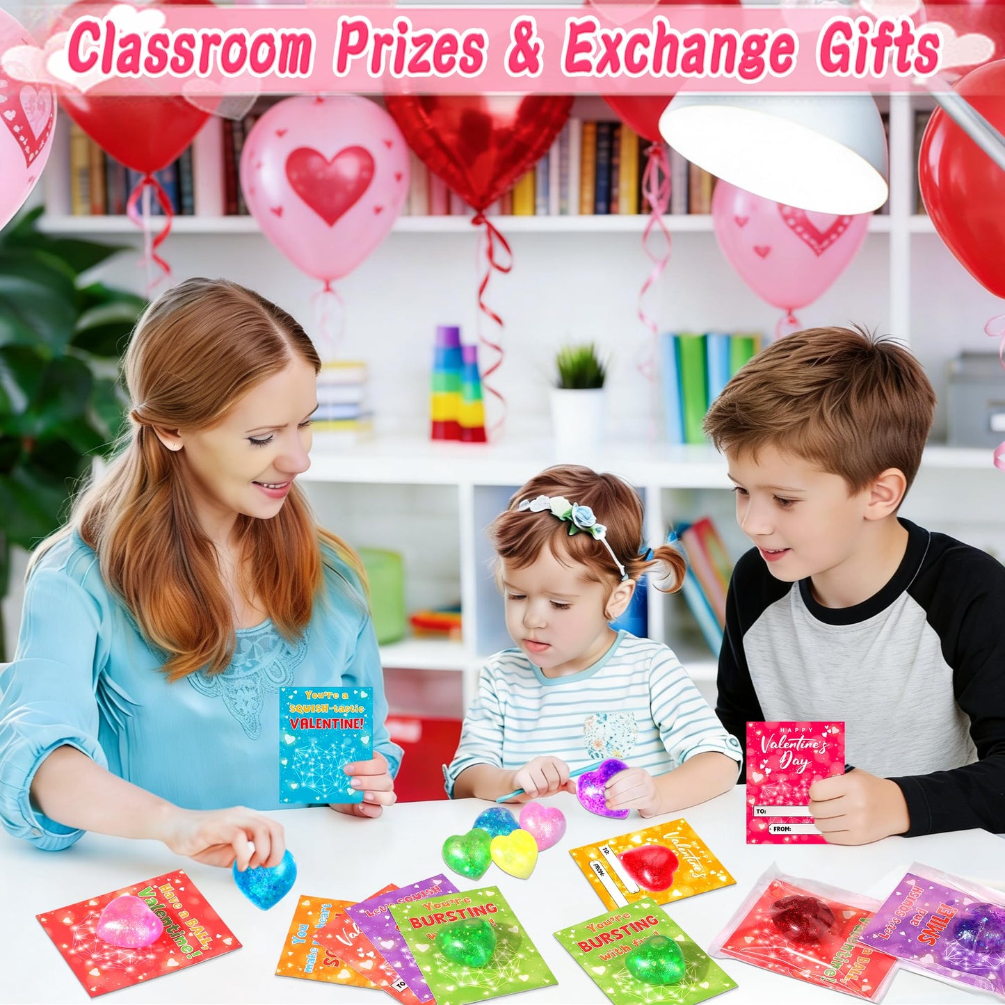 Envotek 24-Pack Valentine Classroom Cards with Heart Fidget Balls | Stress-Relief Squeeze Toys for Kids
