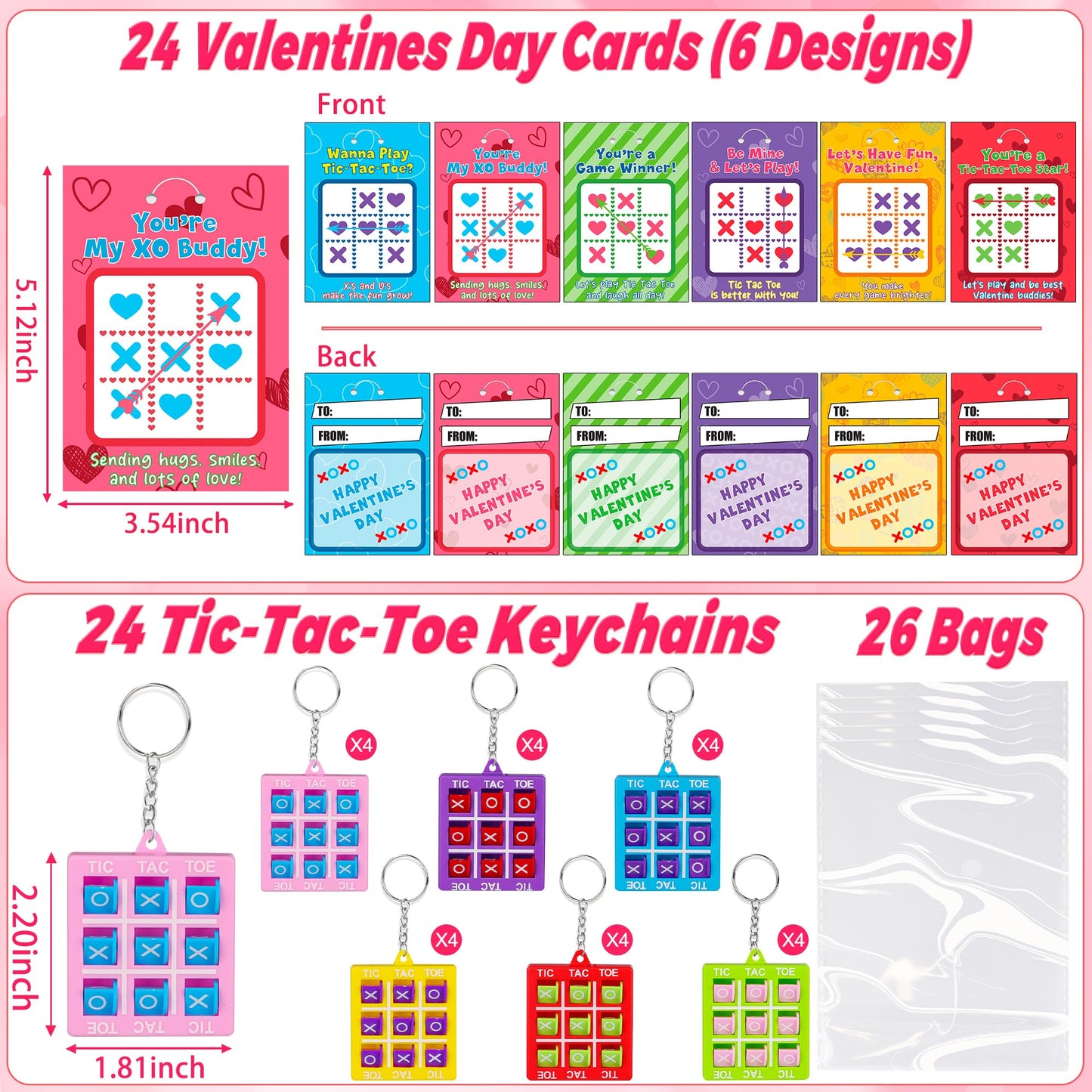 Envotek 24-Pack Valentines Gifts for Kids: Tic-Tac-Toe Keychains & Classroom Cards