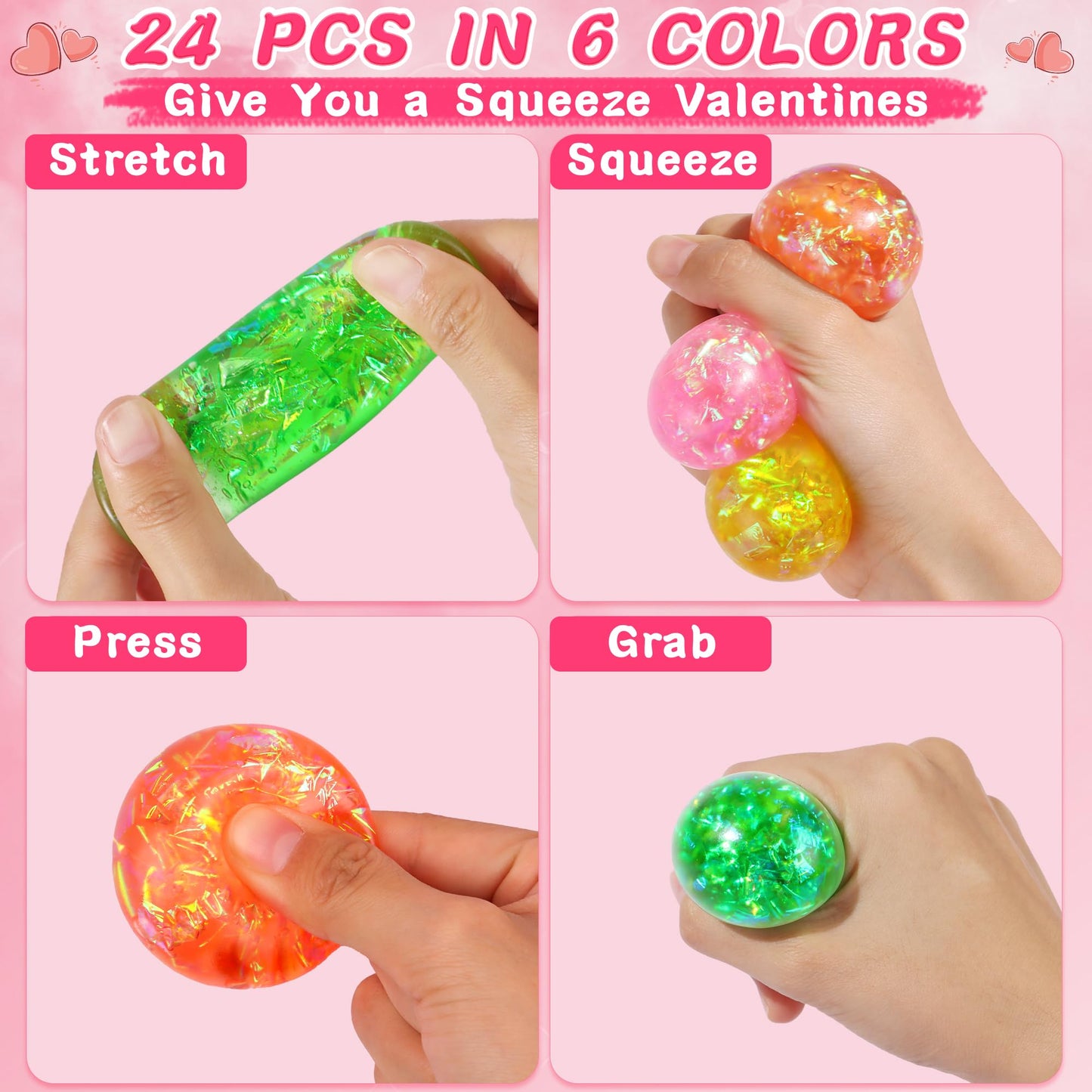 Envotek 24-Pack Valentine’s Day Gifts for Kids — Cards & Glitter Squeeze Balls