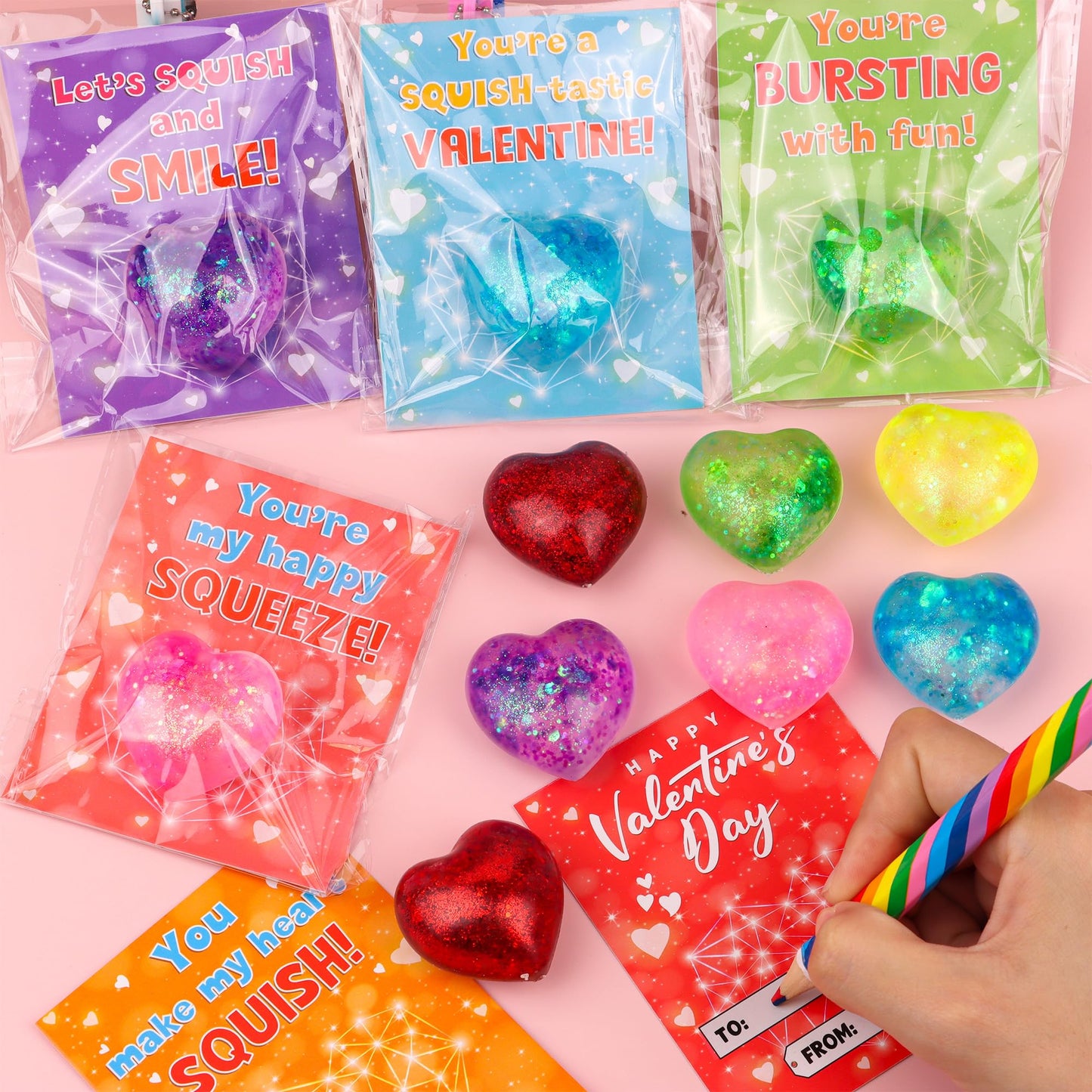 Envotek 24-Pack Valentine Classroom Cards with Heart Fidget Balls | Stress-Relief Squeeze Toys for Kids