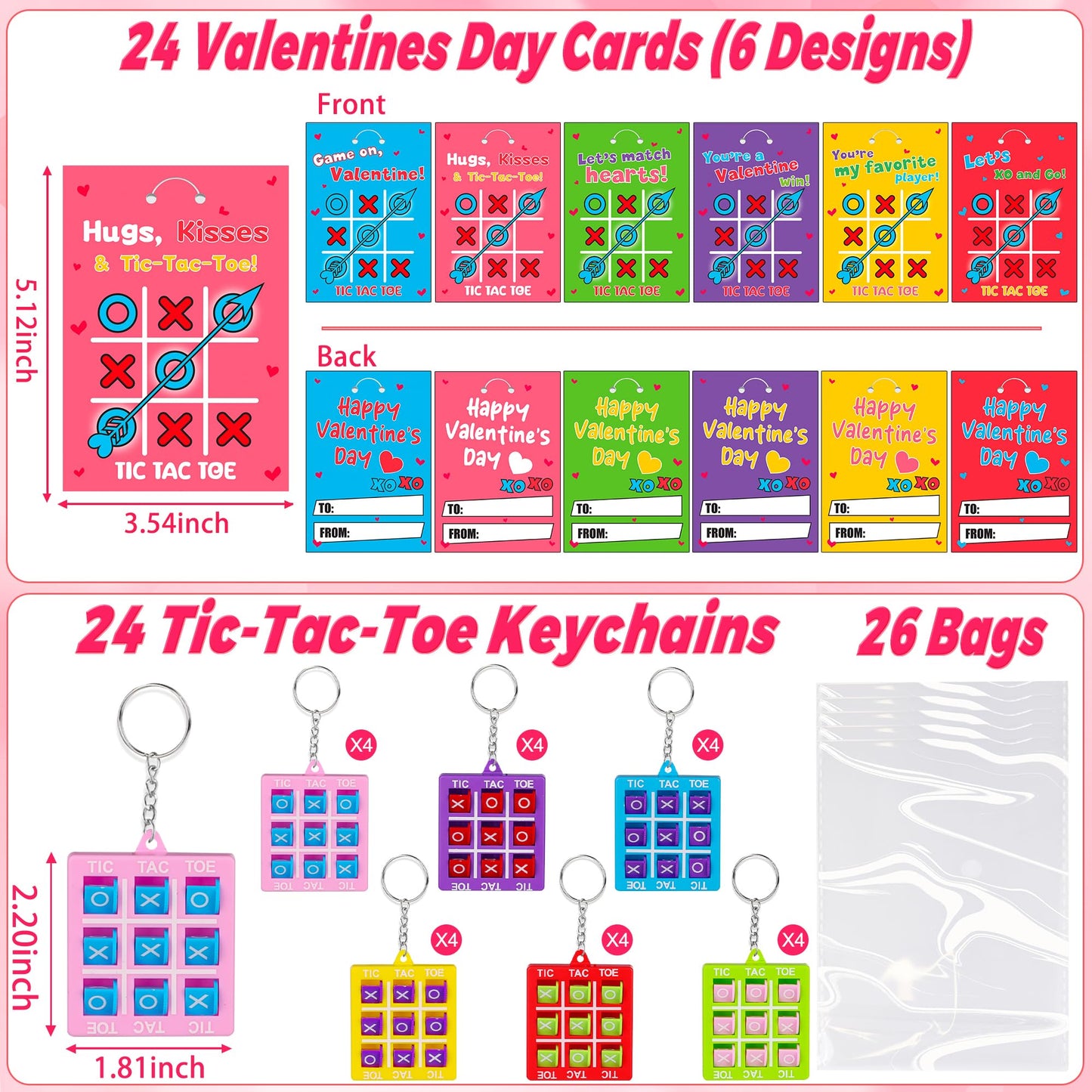 Envotek 24-Pack Kids Valentine Cards with Tic-Tac-Toe Keychains | Classroom Exchange & Party Favors