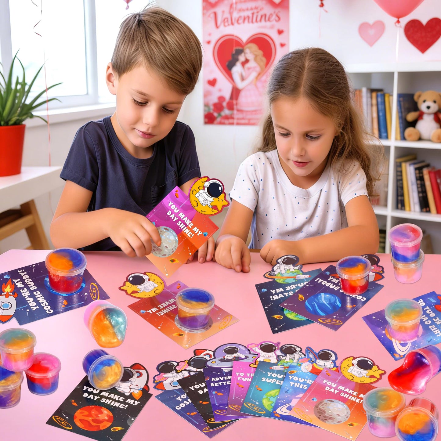 Envotek Galaxy Slime Kit — 28 Valentine Cards & Slime for Kids Classroom