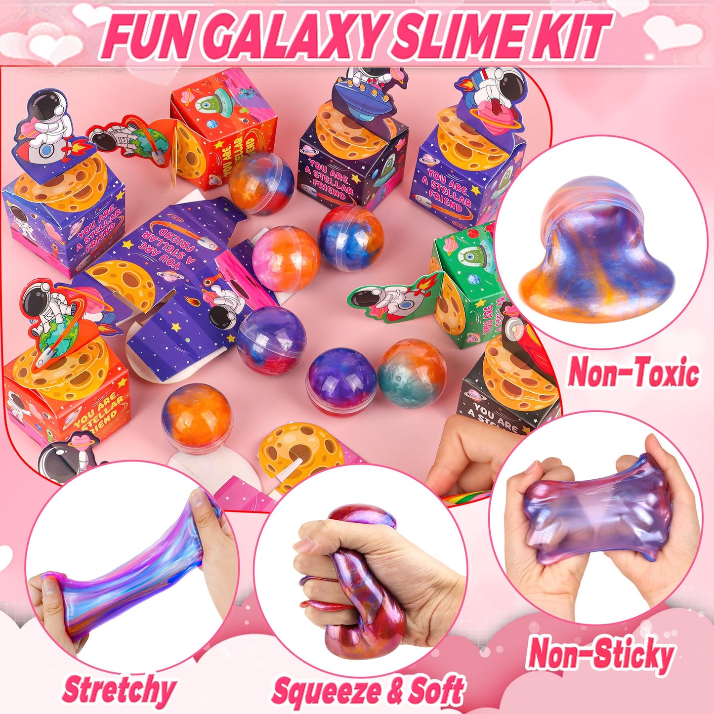 Envotek 28-Pack Valentines Galaxy Slime Kit for Kids — Space Card Boxes & ClassGift